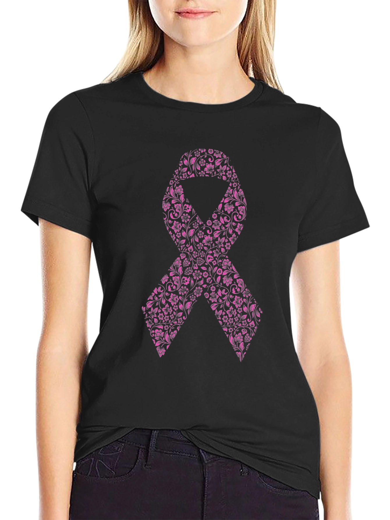 Floral Pink Ribbon Graphic Tee
