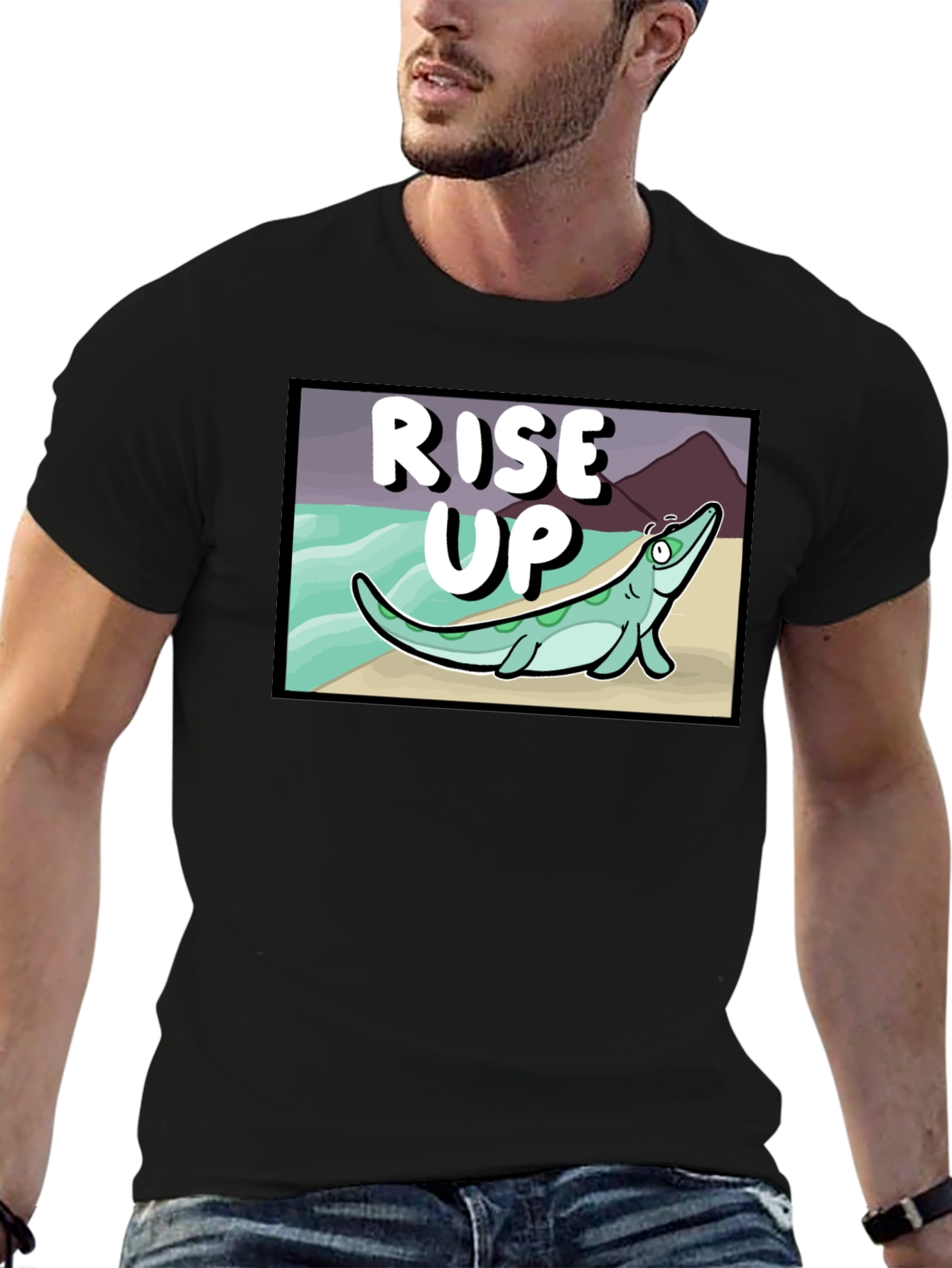 Rise Up Cartoon Sea Creature Black T-Shirt