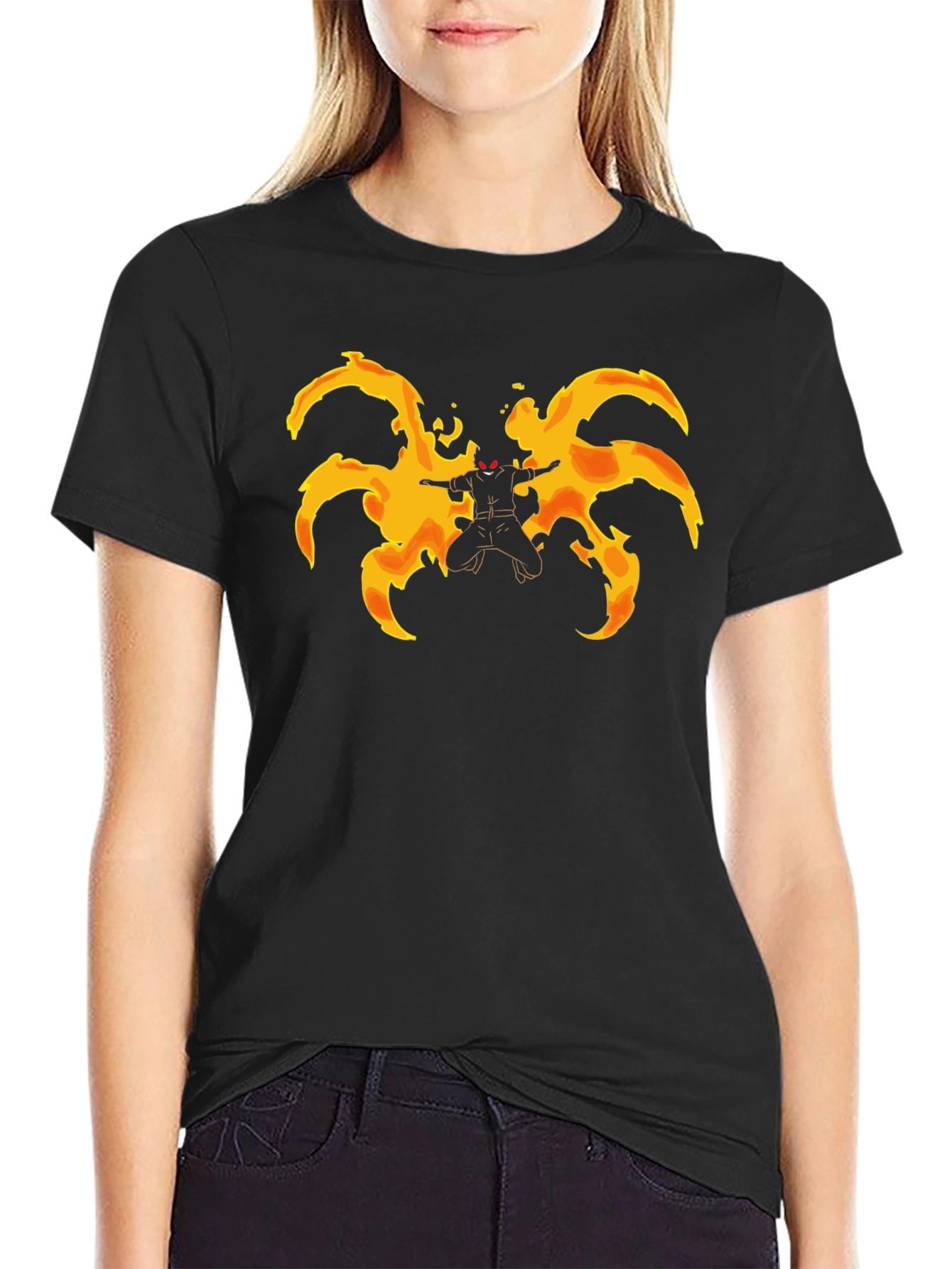 Fiery Anime Character Graphic Black T-Shirt