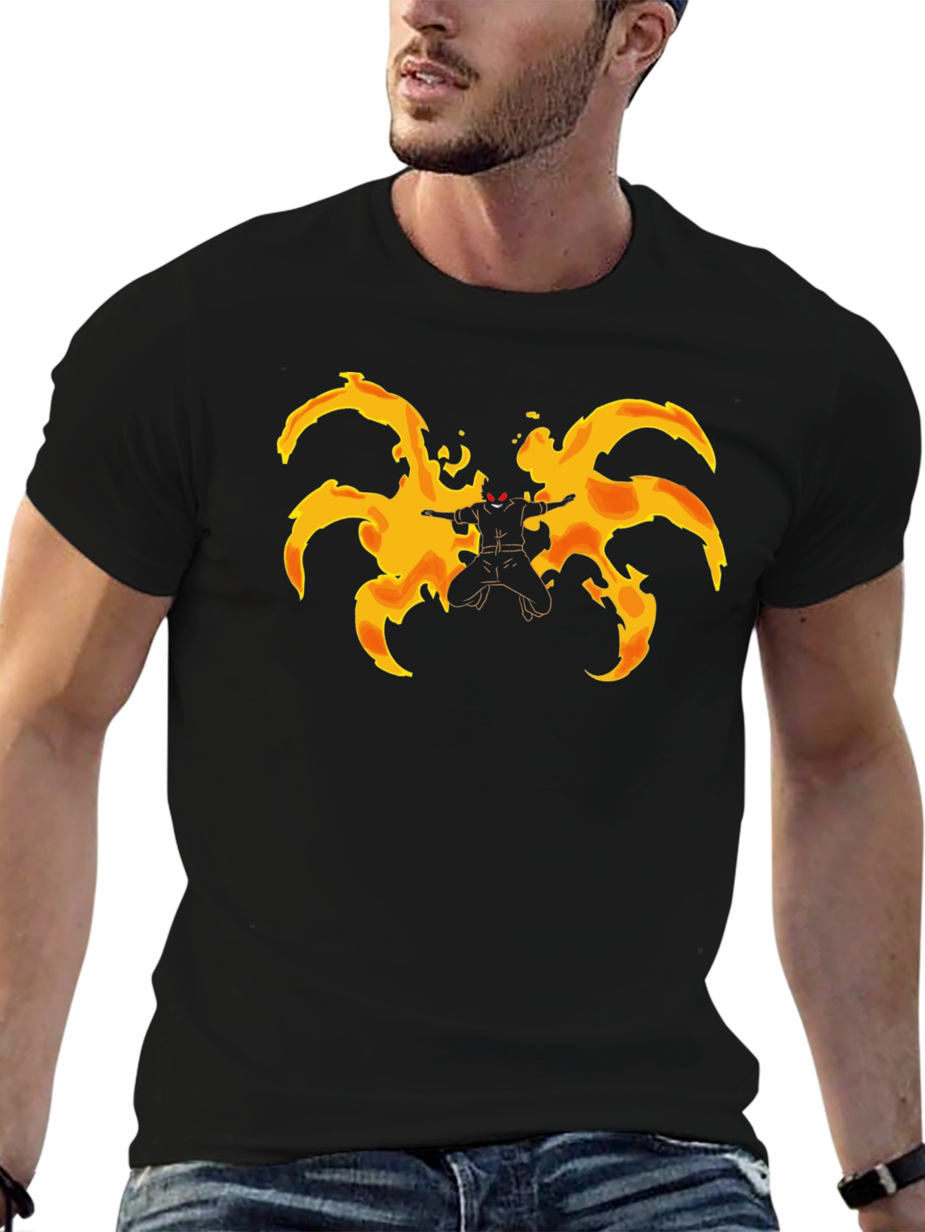 Fiery Anime Character Graphic Black T-Shirt