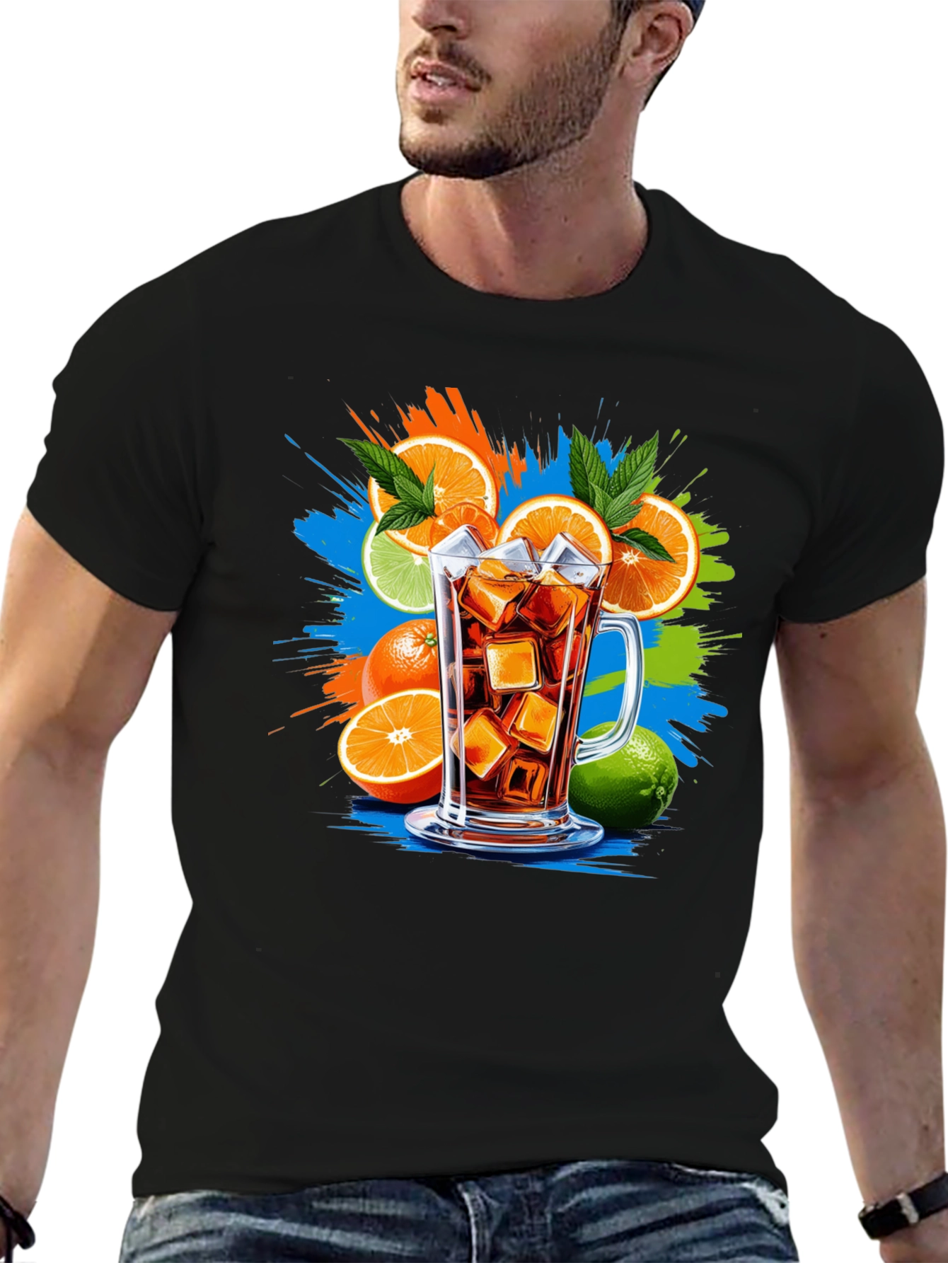 Citrus Splash Black T-Shirt - Refreshing Drink Graphic