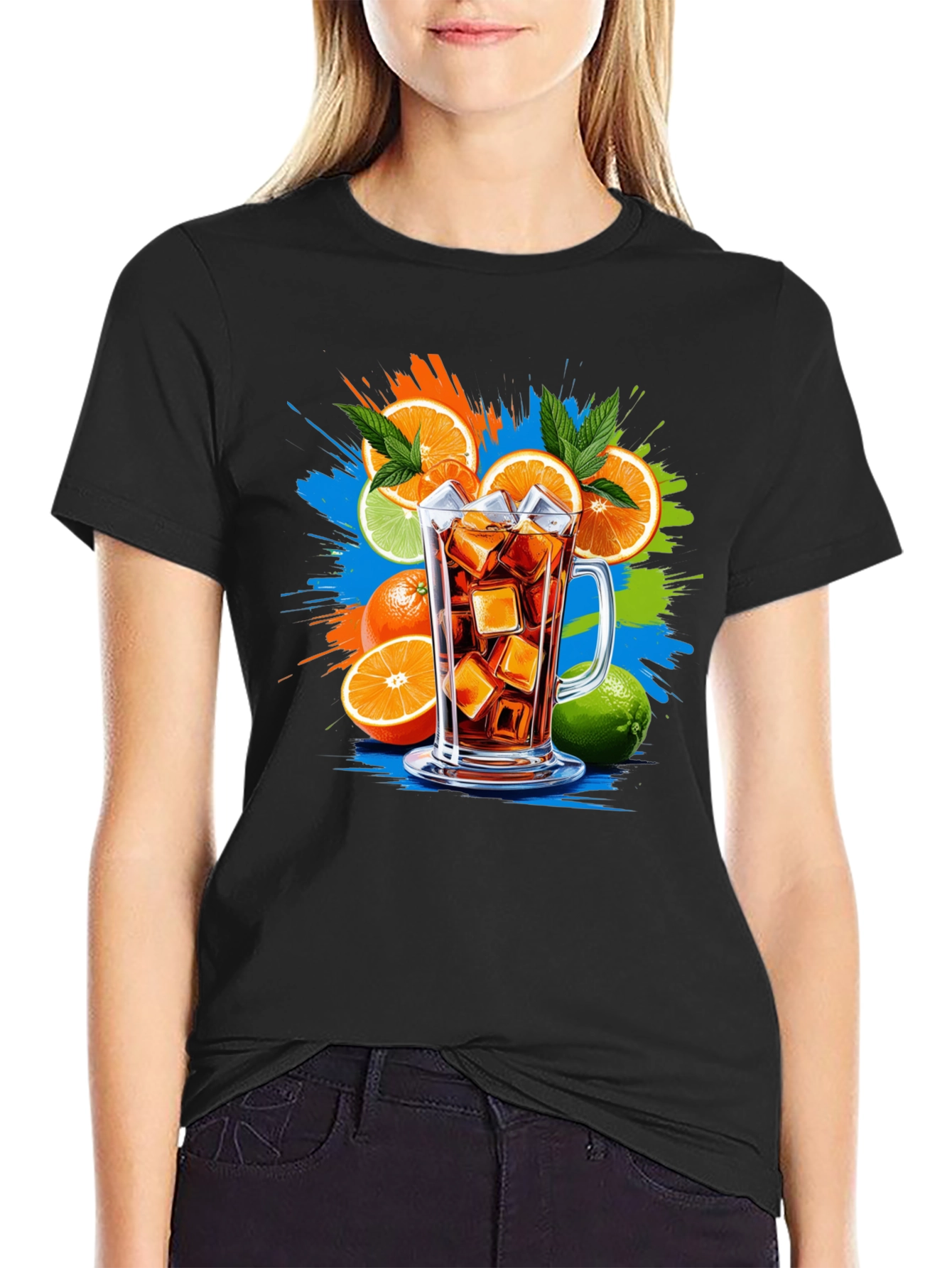 Citrus Splash Black T-Shirt - Refreshing Drink Graphic