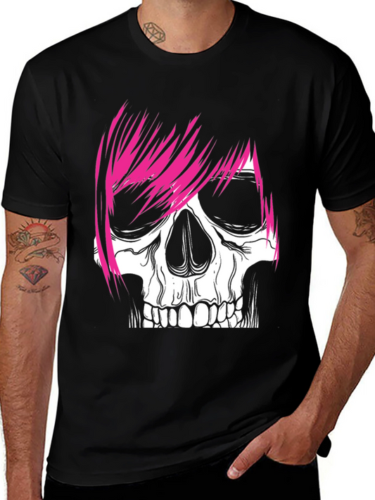 Skull with Pink Hair Graphic Tee - Mens Black T-Shirt