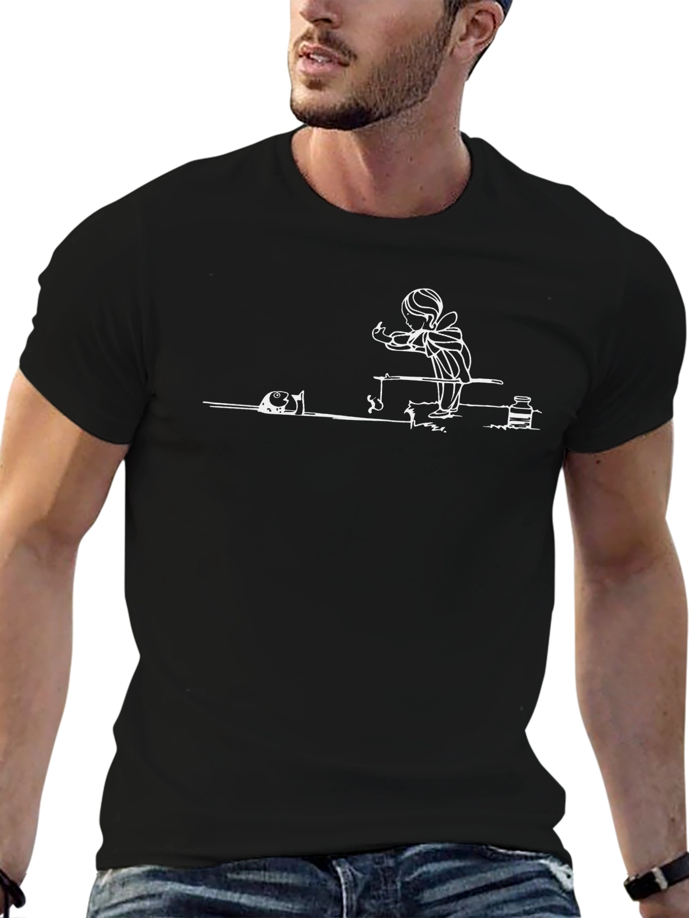 Black T-Shirt with Fishing Scene Design