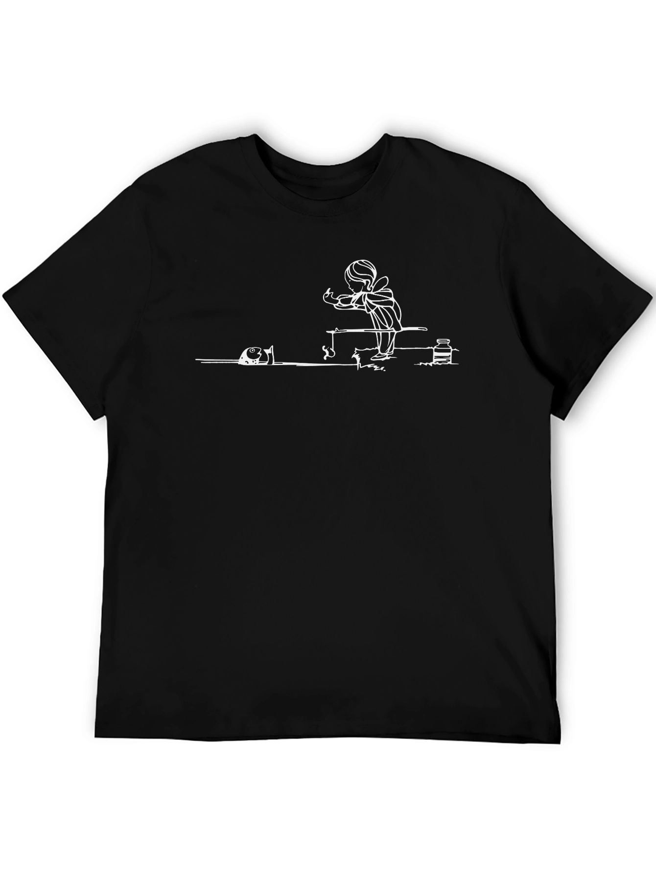 Black T-Shirt with Fishing Scene Design