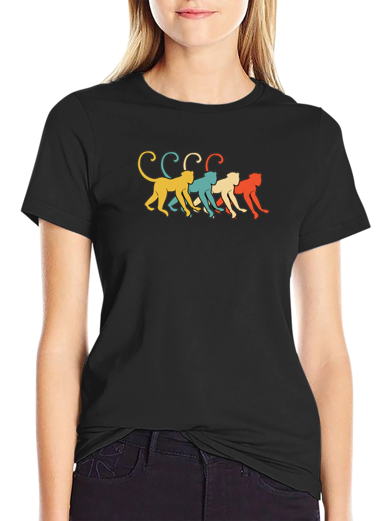 Retro Monkey Line Graphic Tee - Soft Black Cotton