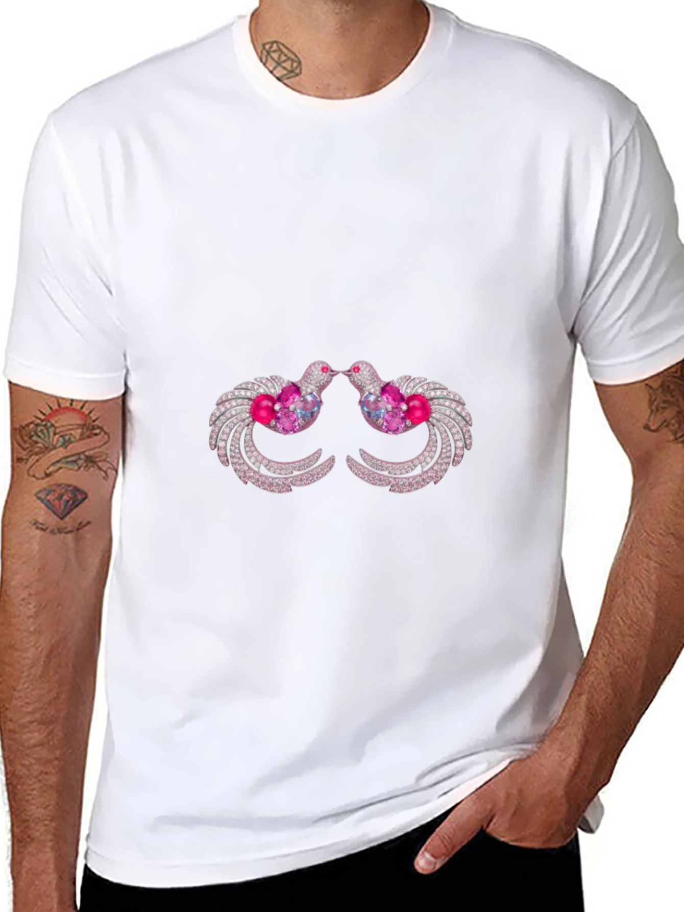 Black T-Shirt with Ornamental Bird Design
