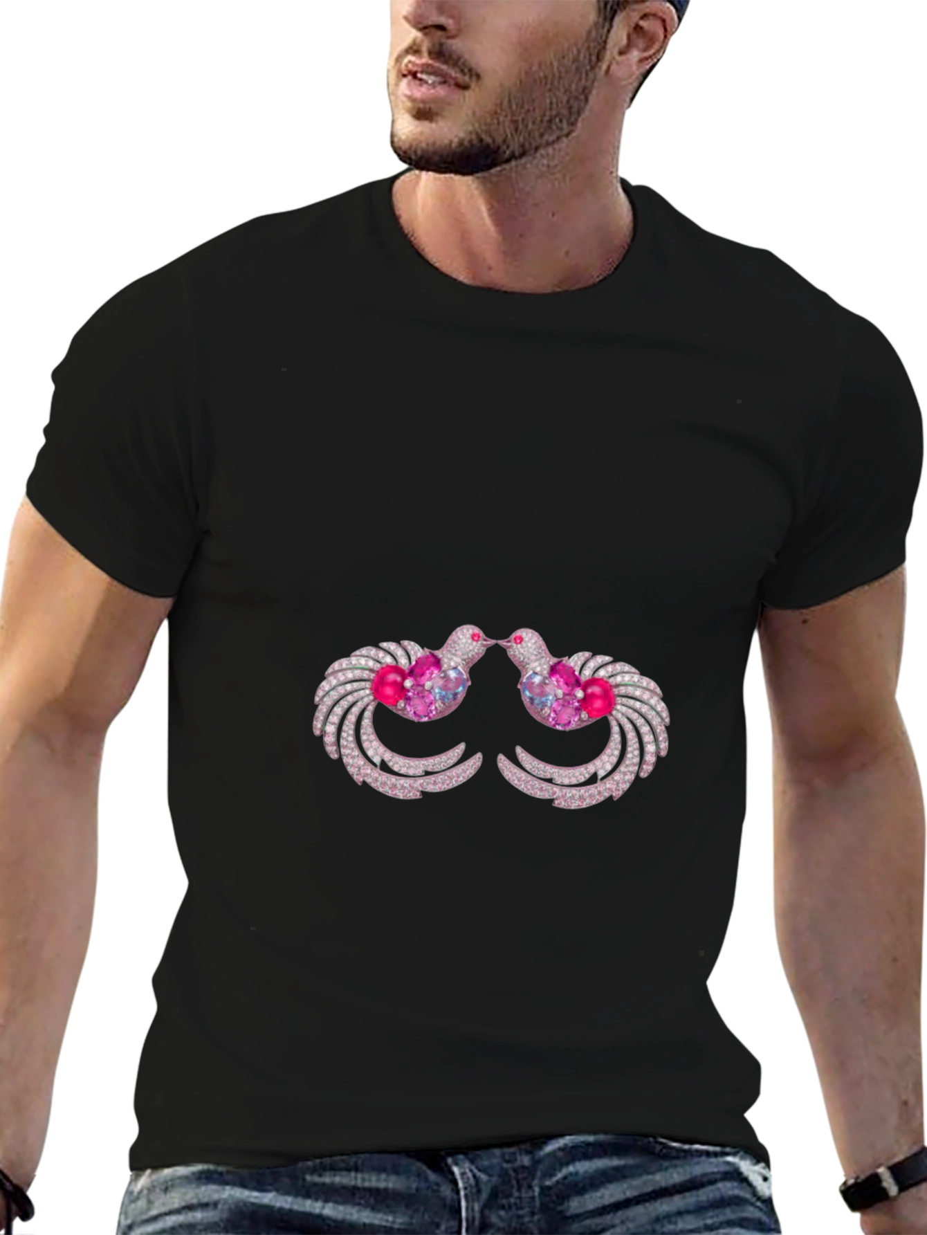 Black T-Shirt with Ornamental Bird Design