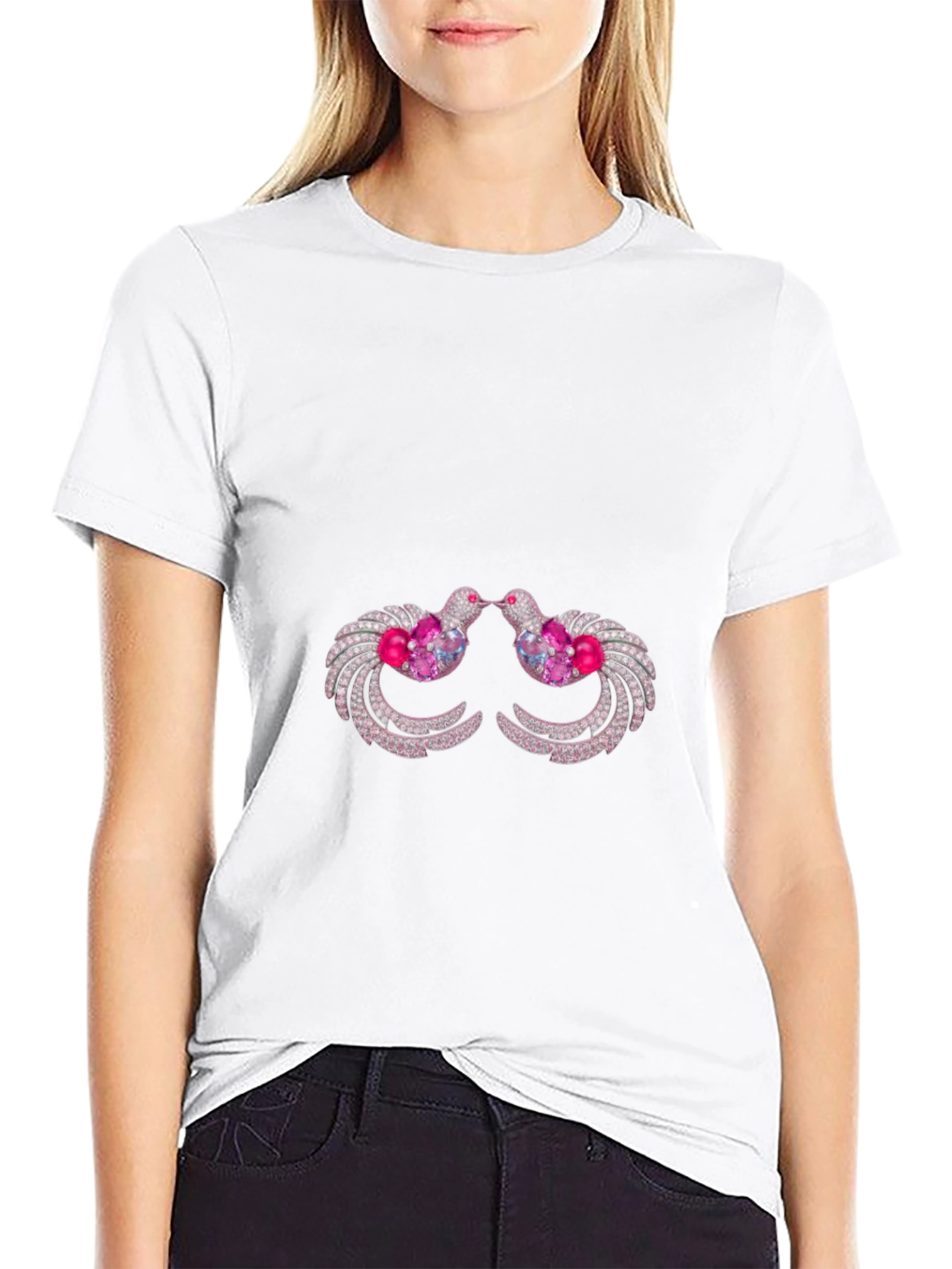 Black T-Shirt with Ornamental Bird Design