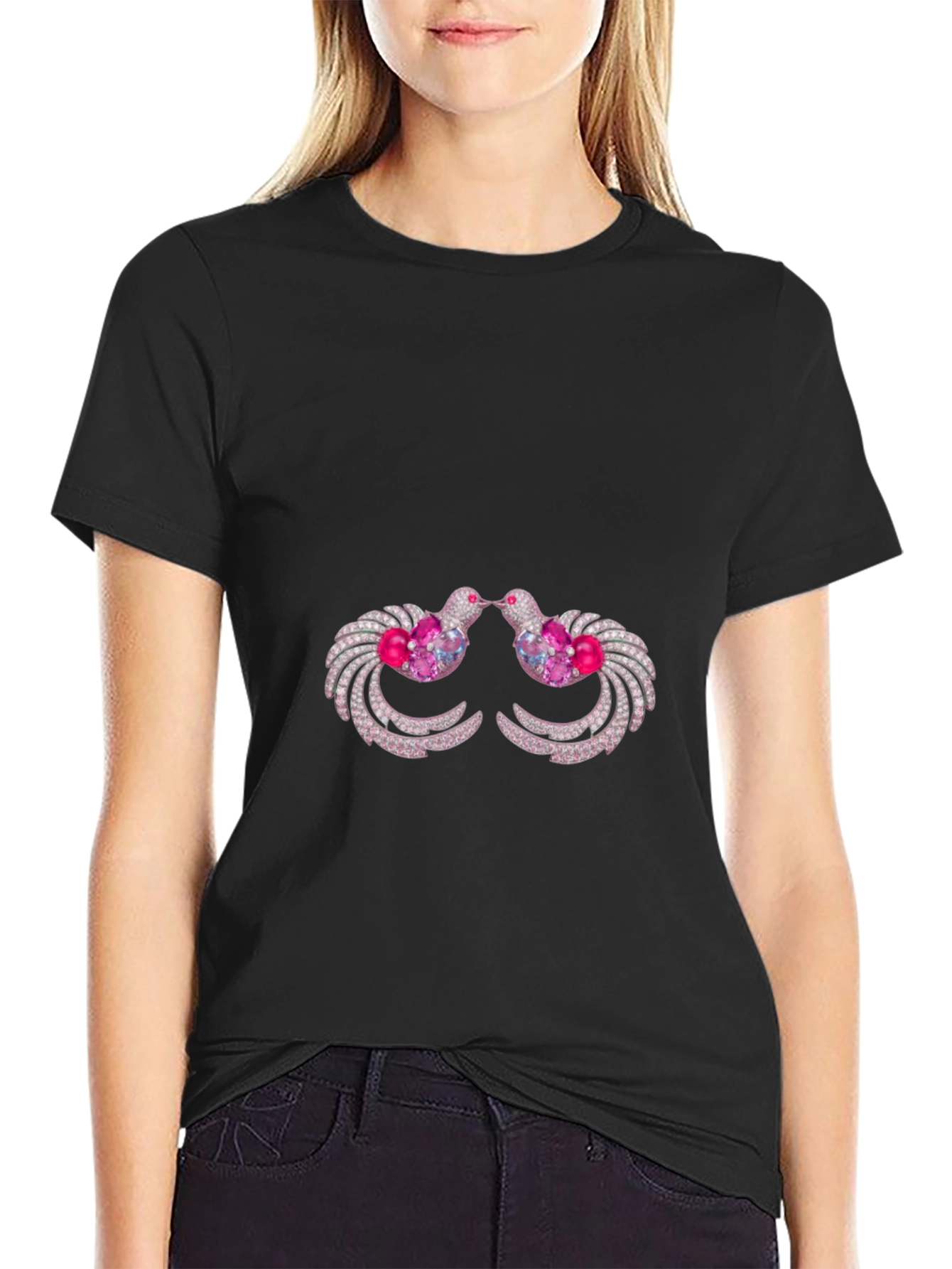 Black T-Shirt with Ornamental Bird Design