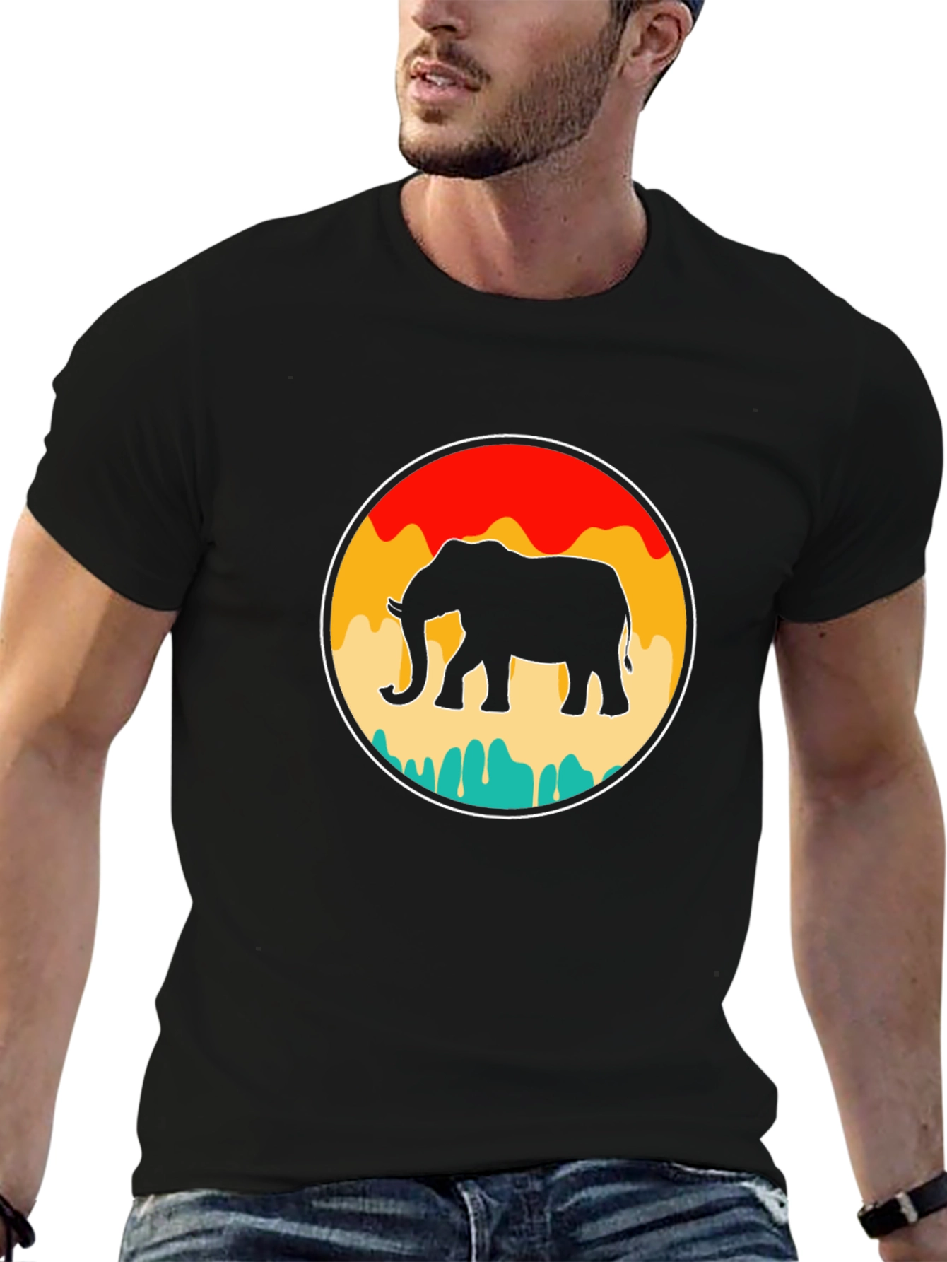 Retro Elephant Graphic Tee - Black Cotton T-Shirt
