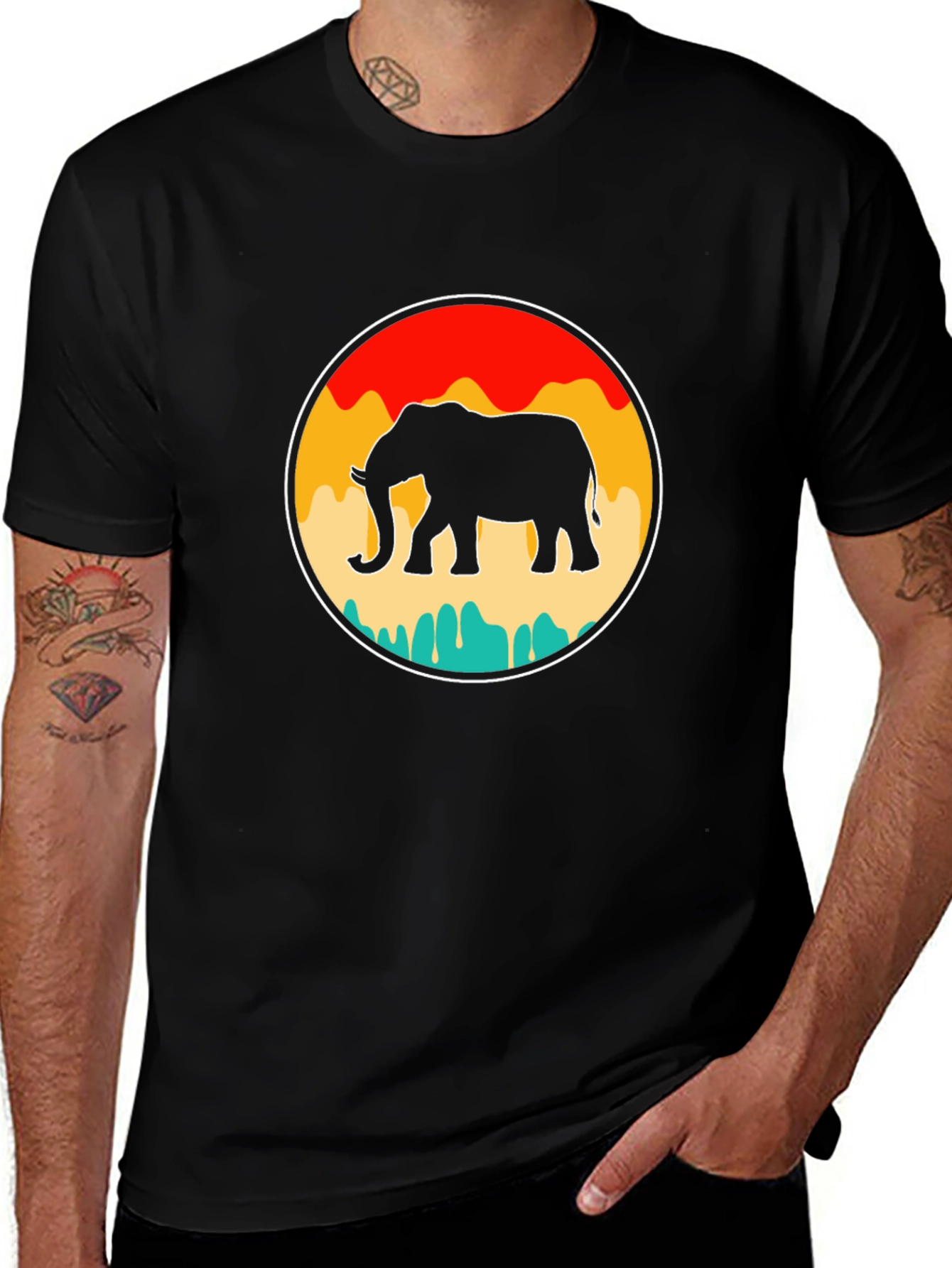 Retro Elephant Graphic Tee - Black Cotton T-Shirt