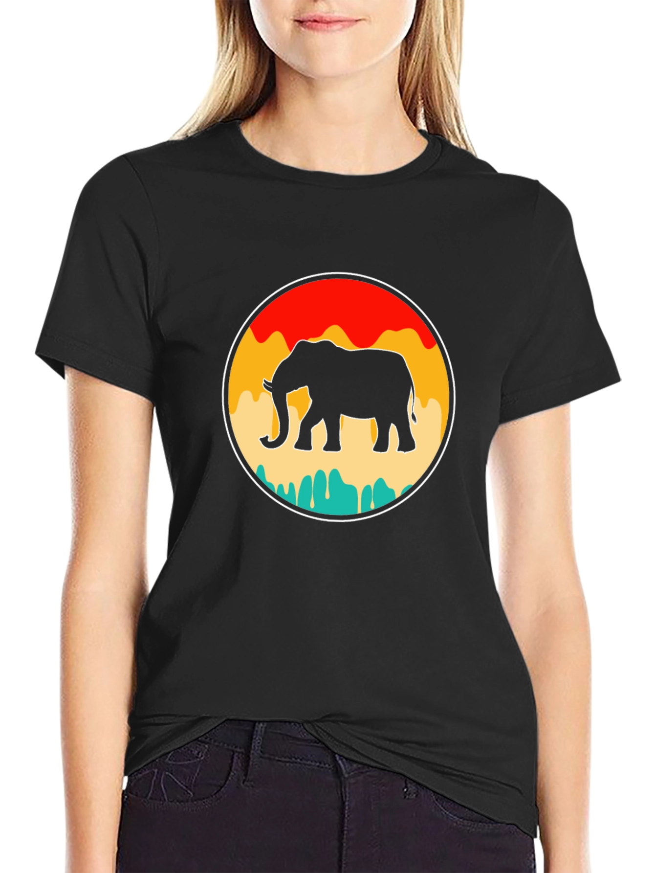 Retro Elephant Graphic Tee - Black Cotton T-Shirt
