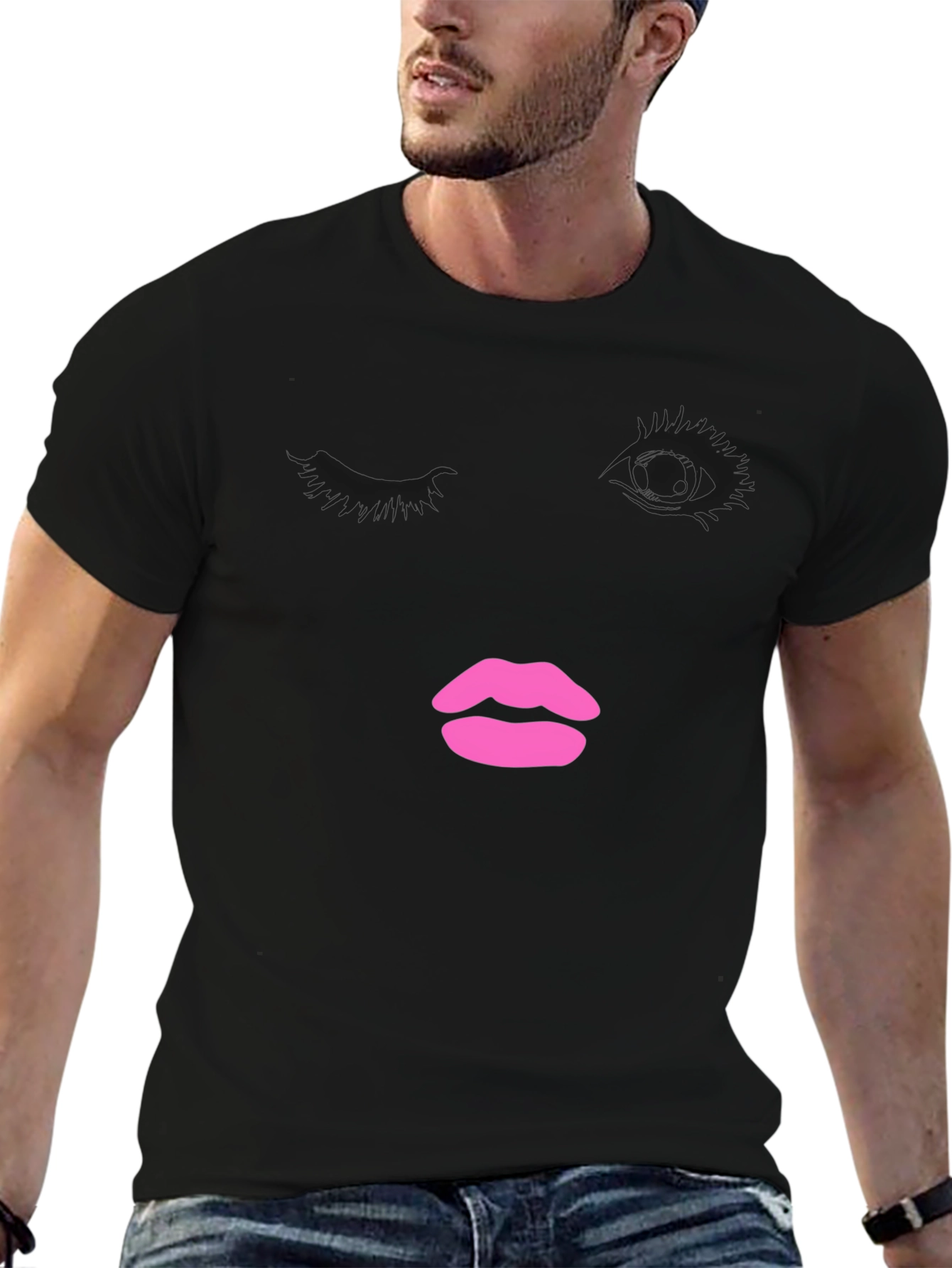 Abstract Face Graphic Tee - Trendy Black T-Shirt