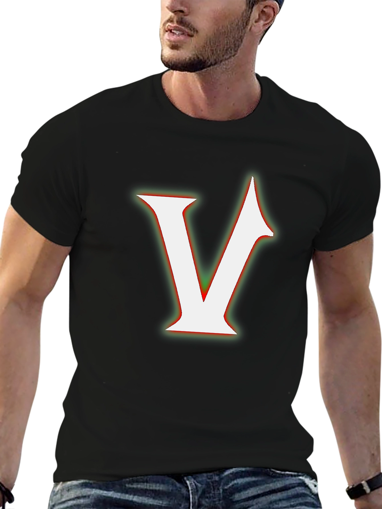 Bold Initial V Graphic Tee - Black Cotton Blend
