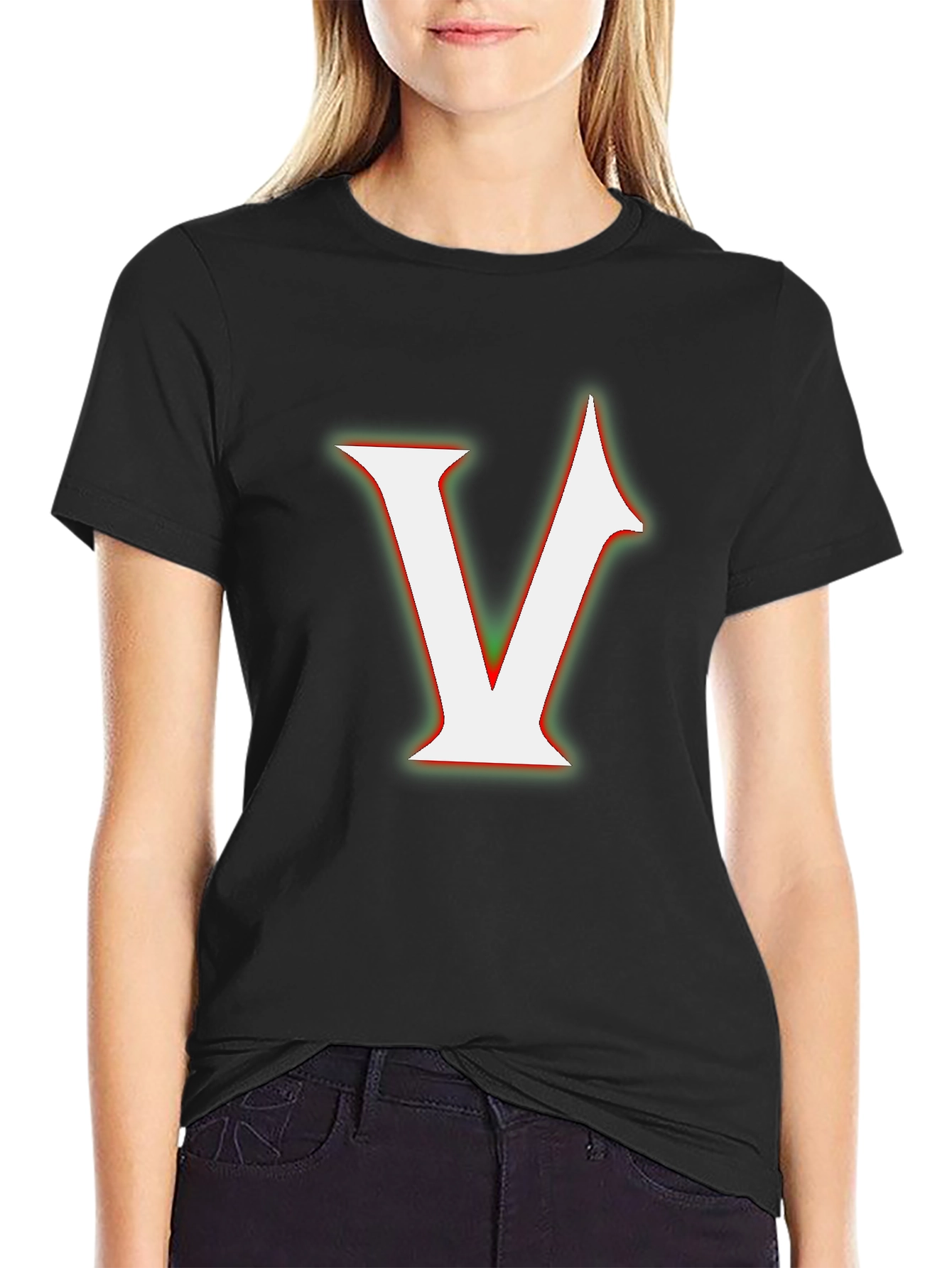 Bold Initial V Graphic Tee - Black Cotton Blend