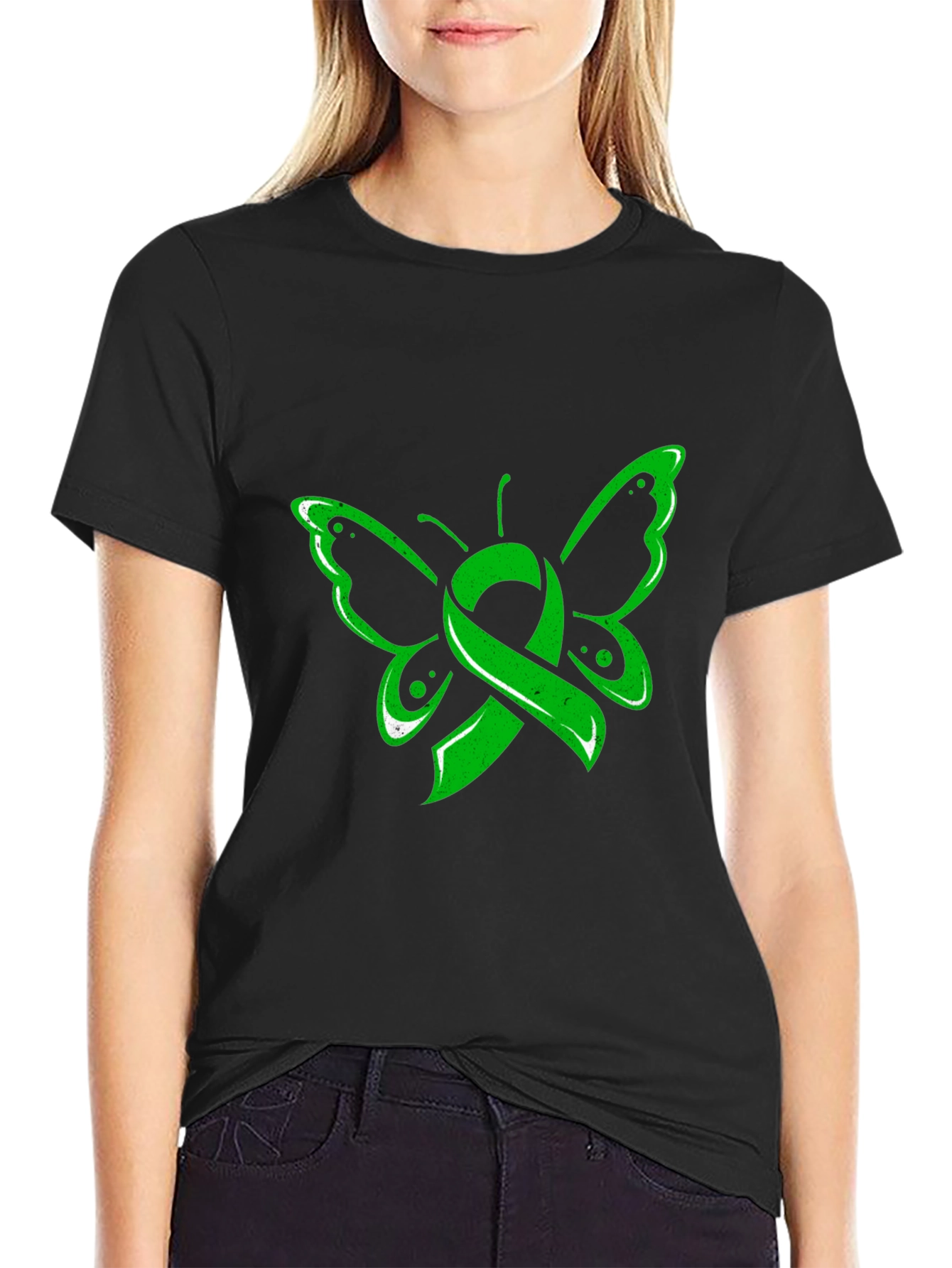 Green Ribbon Butterfly Black T-Shirt