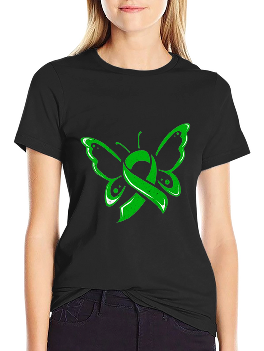 Green Ribbon Butterfly Black T-Shirt