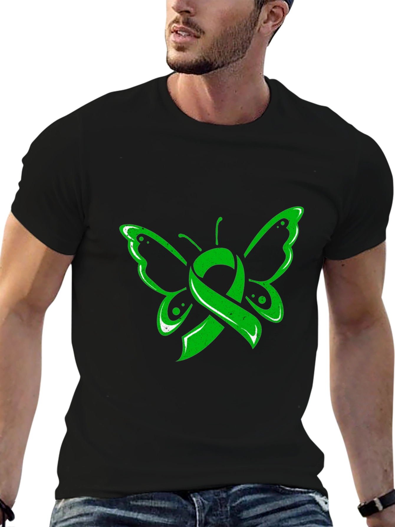 Green Ribbon Butterfly Black T-Shirt