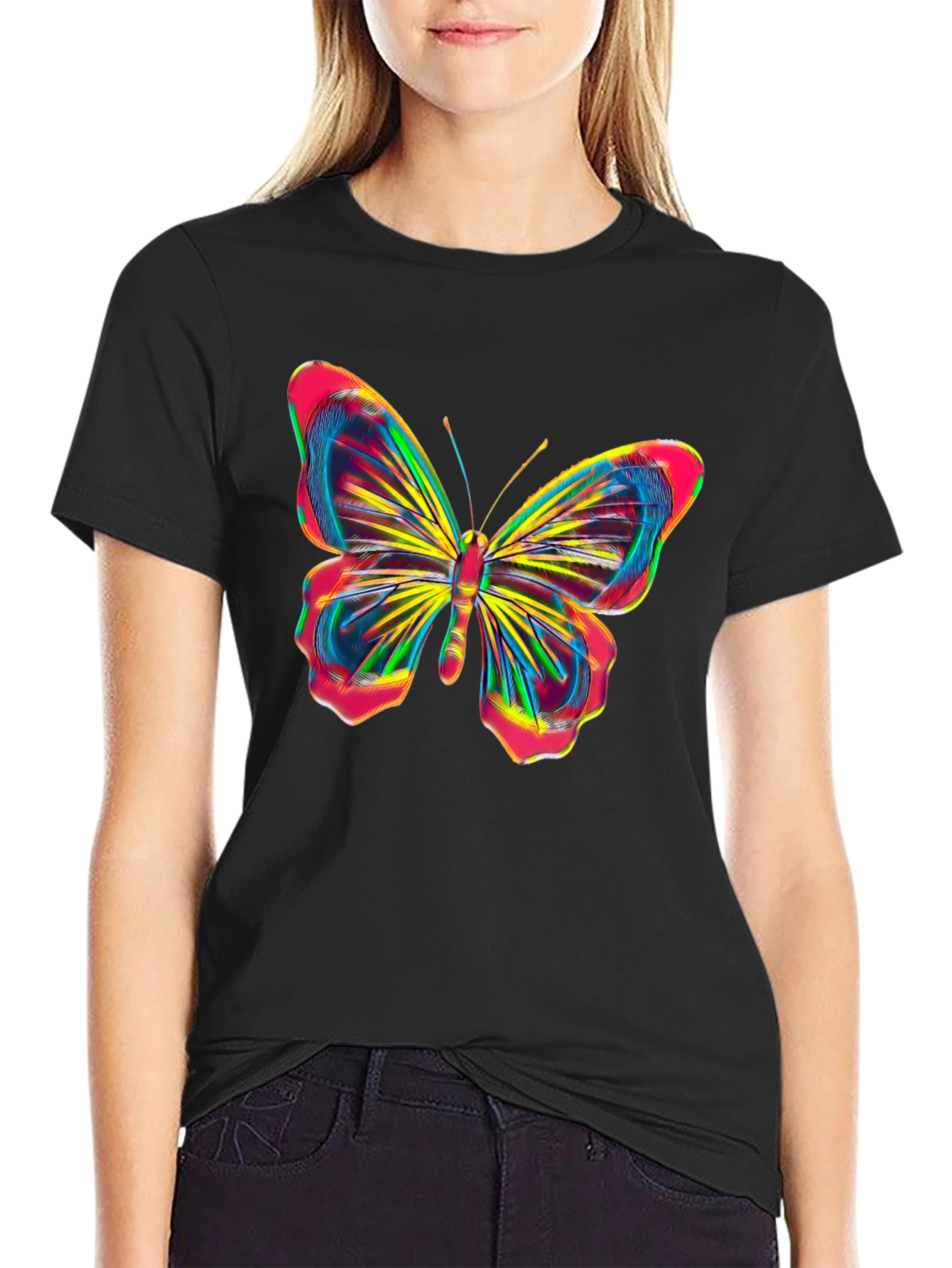 Vibrant Butterfly Graphic Tee - Bold Black Cotton Shirt