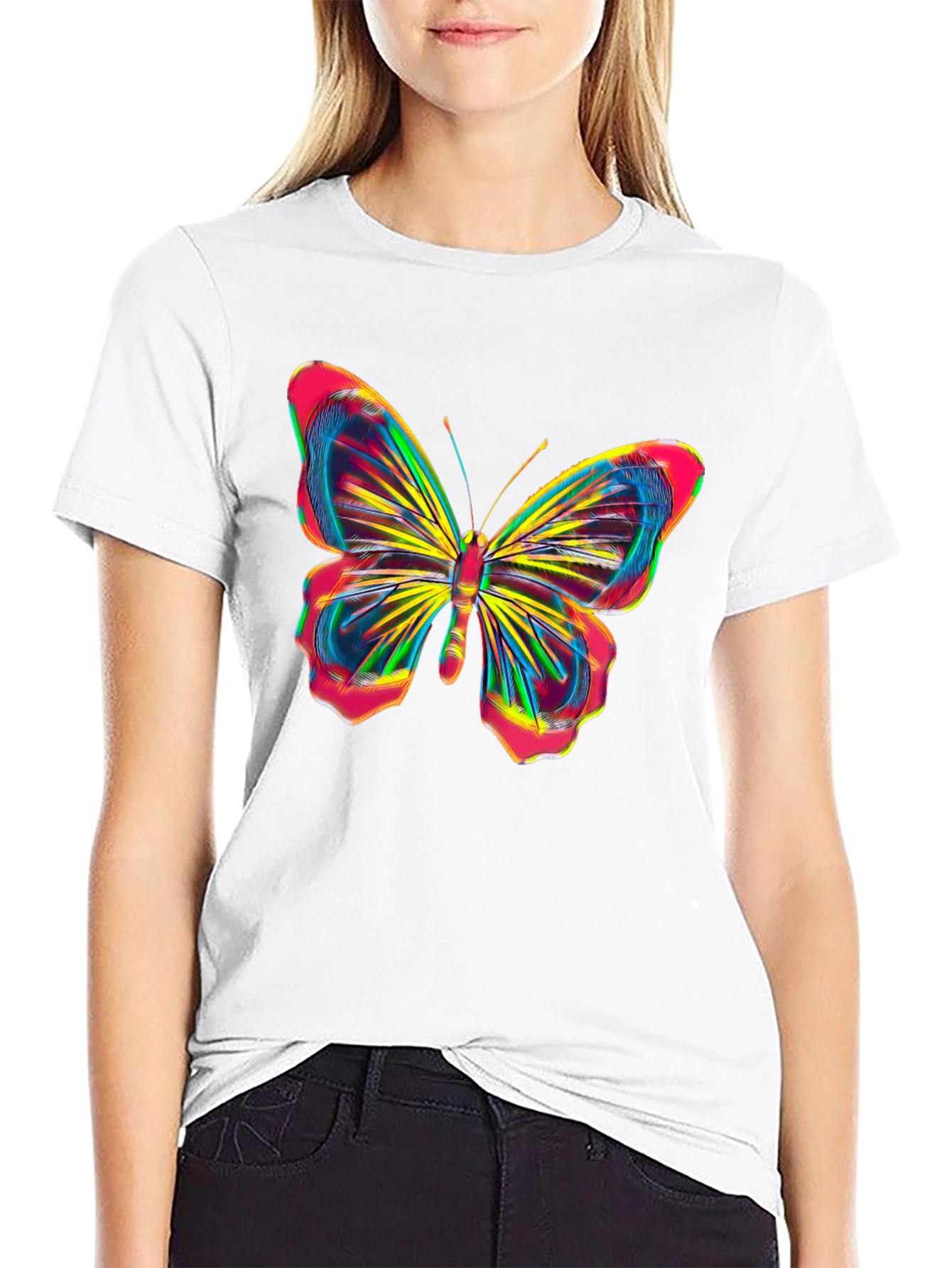 Vibrant Butterfly Graphic Tee - Bold Black Cotton Shirt