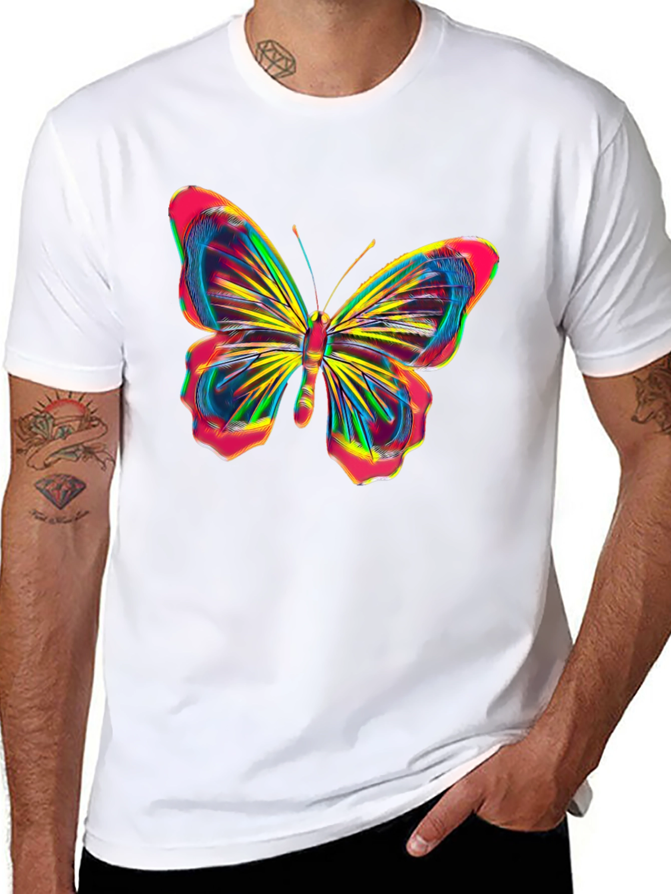 Vibrant Butterfly Graphic Tee - Bold Black Cotton Shirt