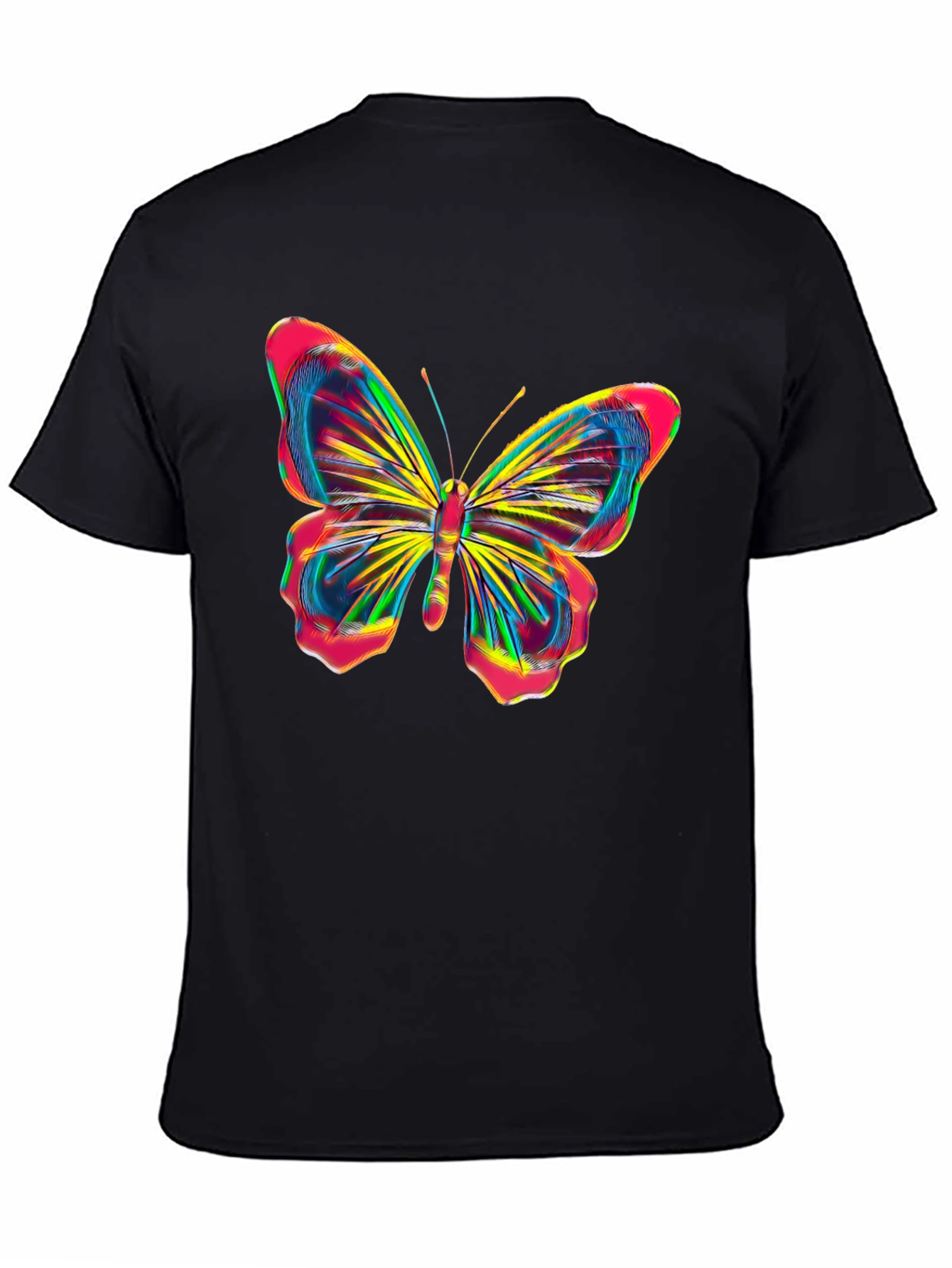 Vibrant Butterfly Graphic Tee - Bold Black Cotton Shirt