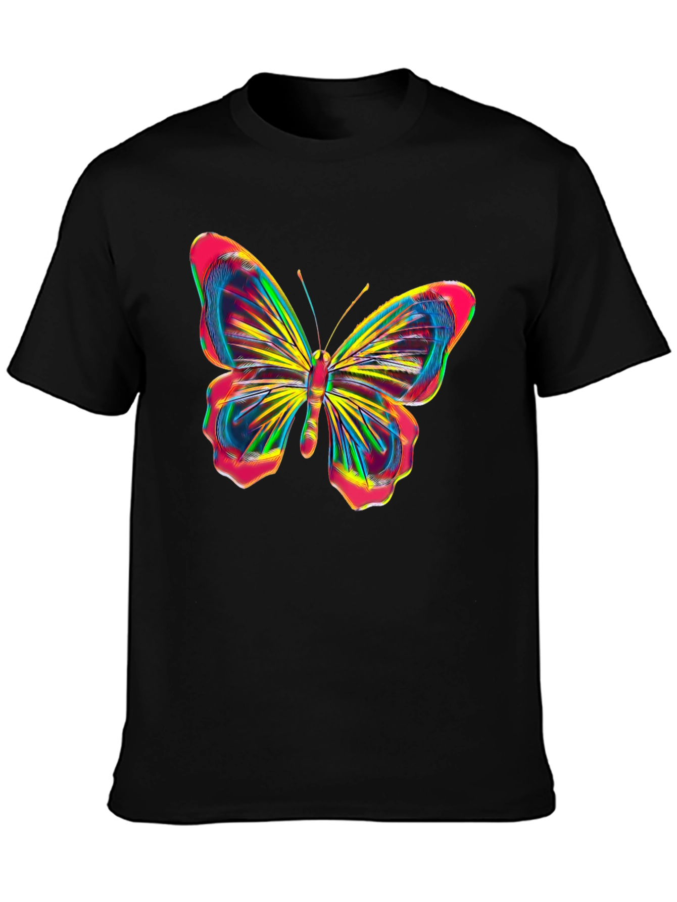 Vibrant Butterfly Graphic Tee - Bold Black Cotton Shirt