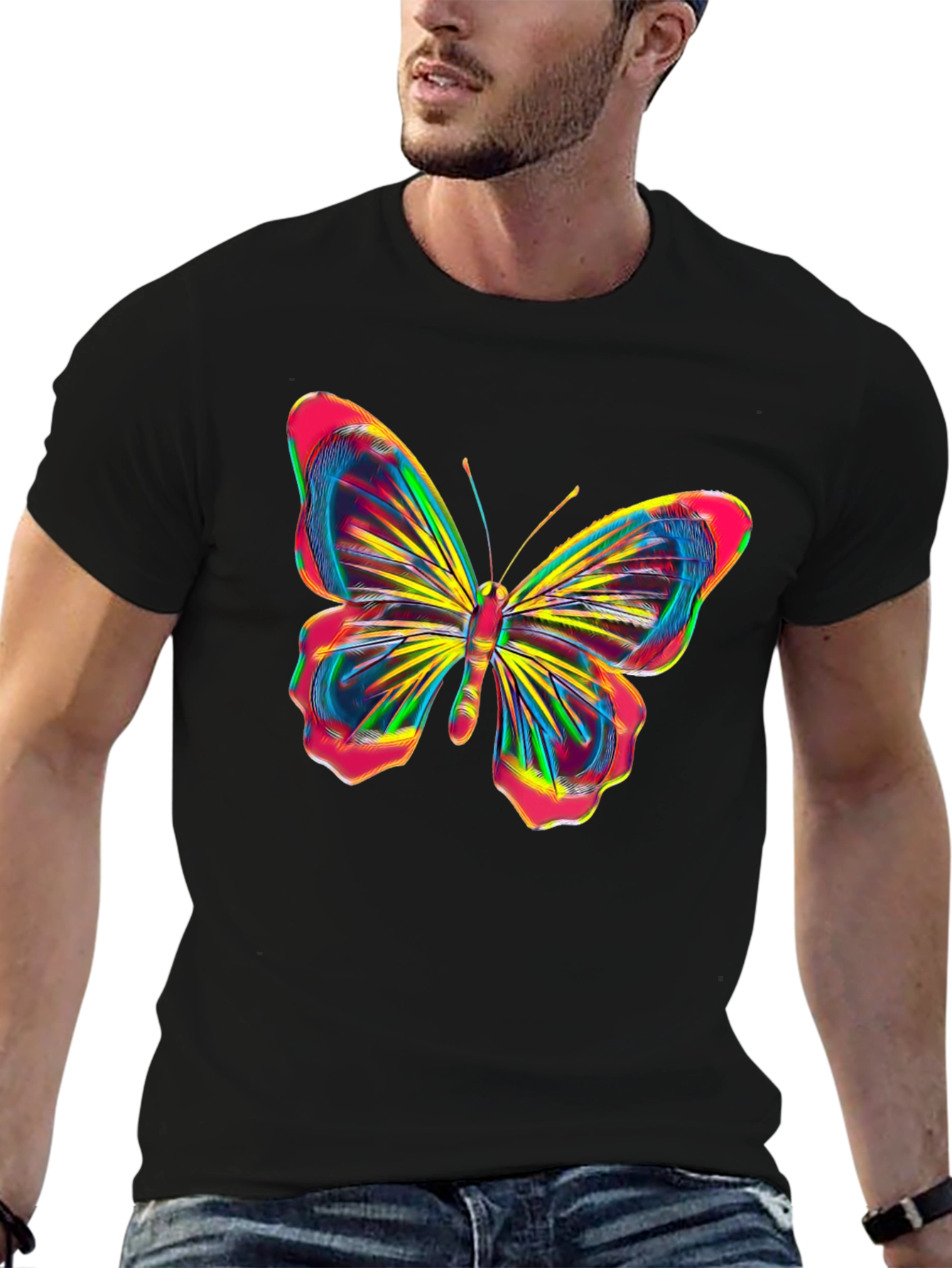 Vibrant Butterfly Graphic Tee - Bold Black Cotton Shirt