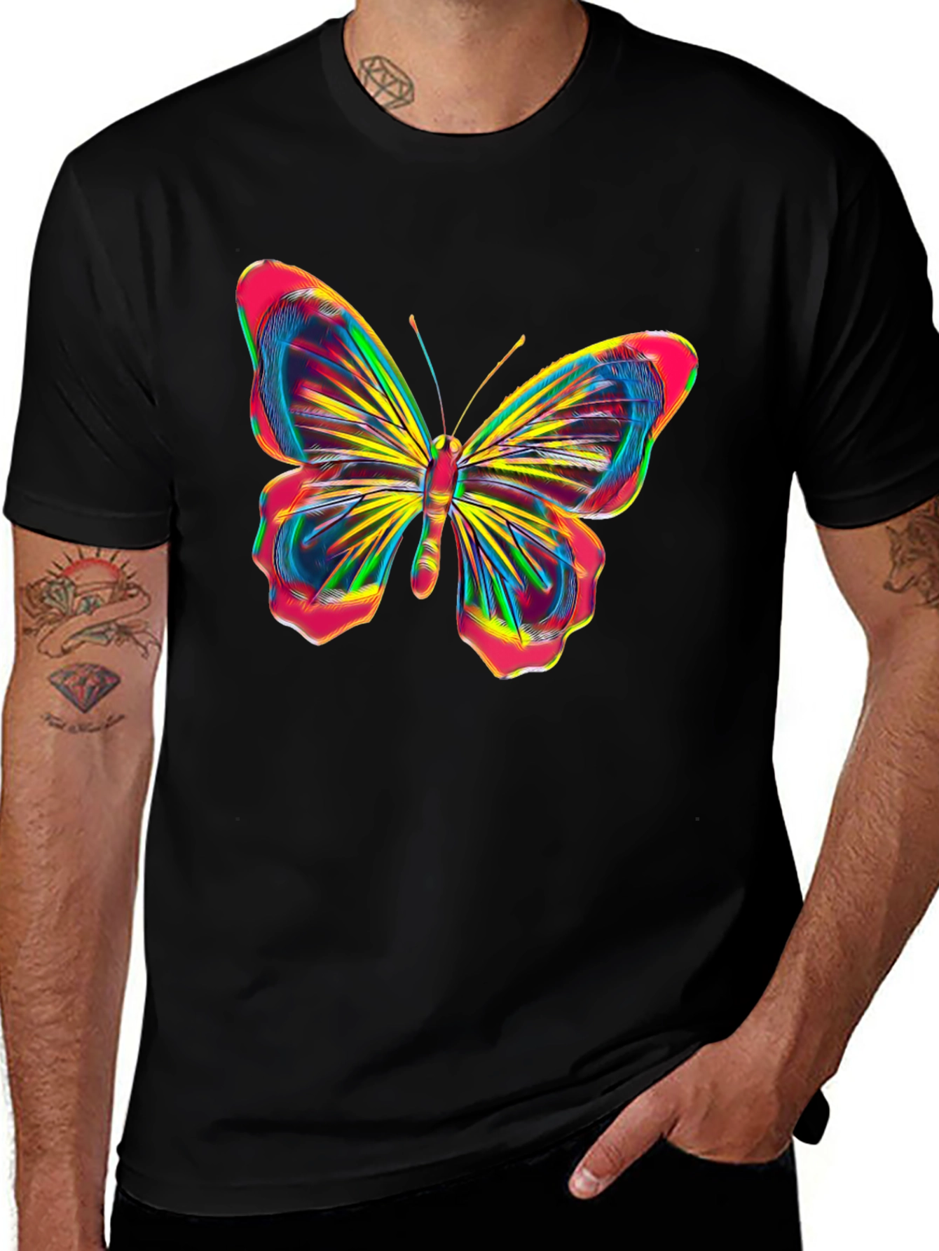 Vibrant Butterfly Graphic Tee - Bold Black Cotton Shirt