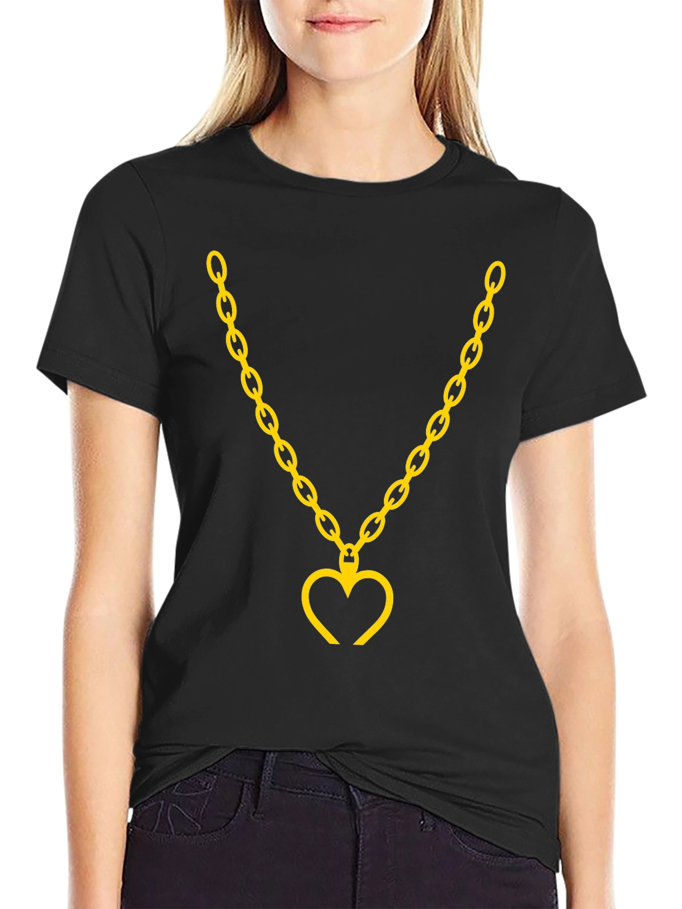 Mens Black T-Shirt with Gold Heart Chain