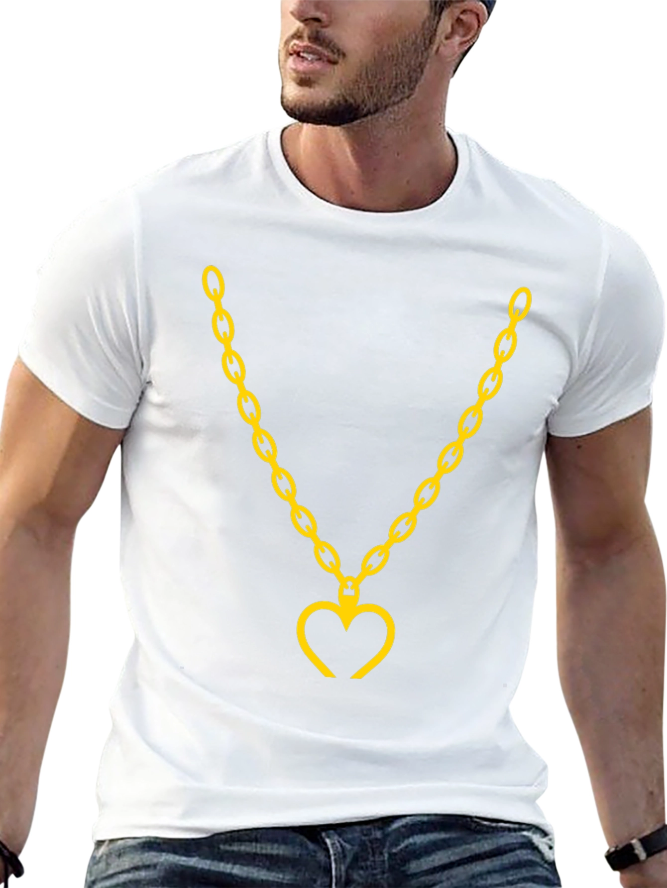 Mens Black T-Shirt with Gold Heart Chain