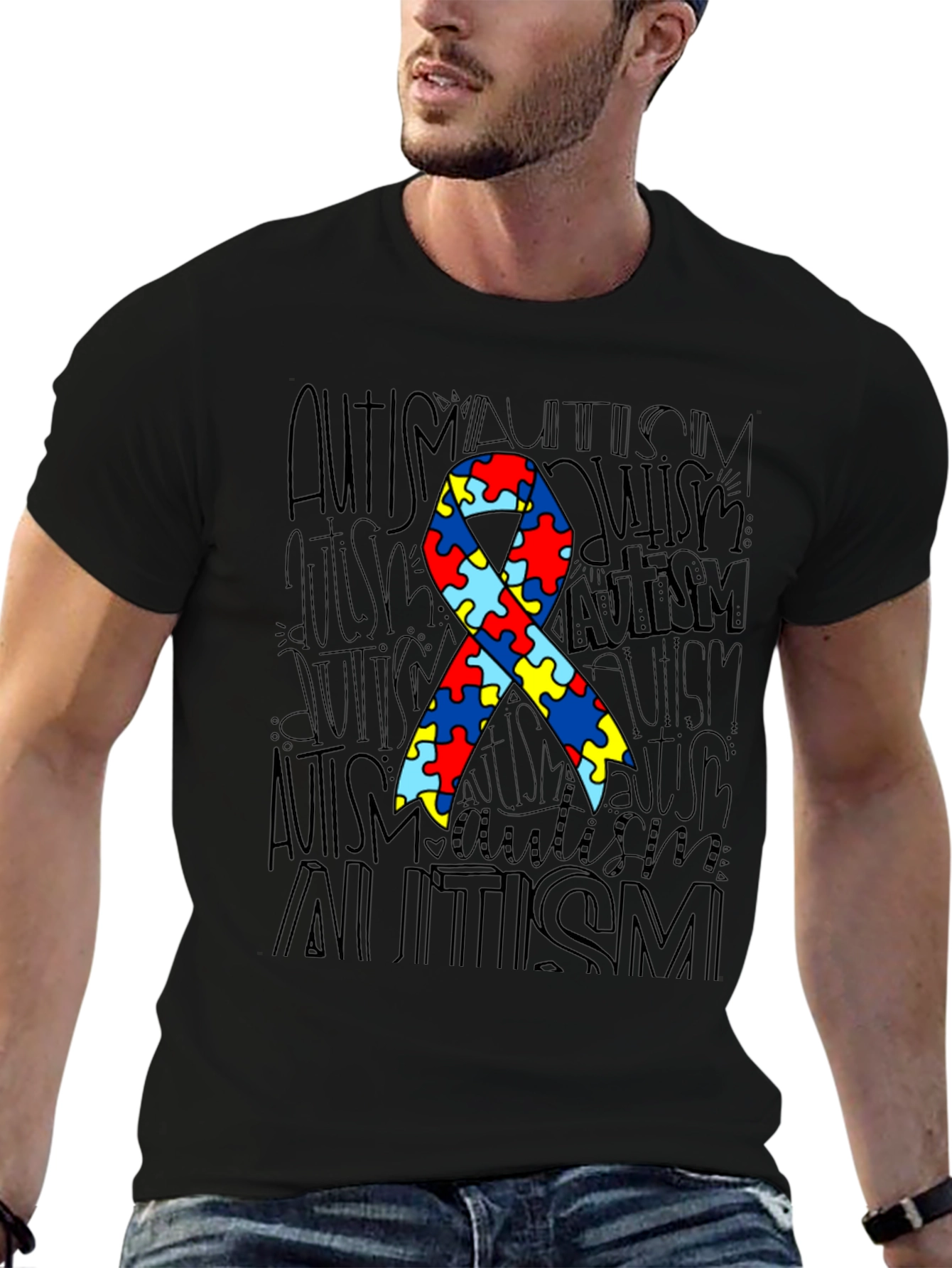 Autism Awareness Ribbon Graphic Tee - Black