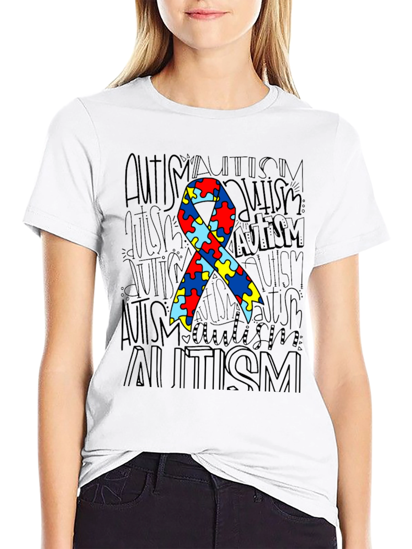 Autism Awareness Ribbon Graphic Tee - Black