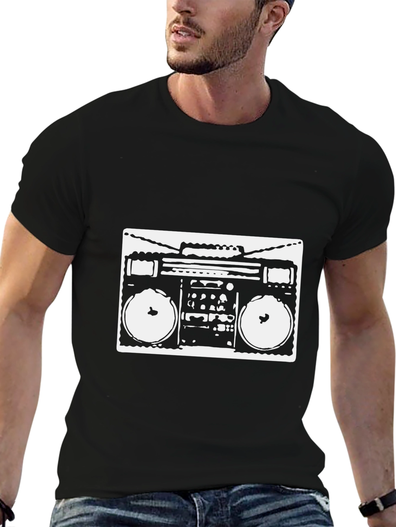 Retro Boombox Graphic Tee - Black Cotton T-Shirt