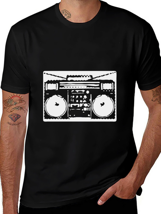 Retro Boombox Graphic Tee - Black Cotton T-Shirt