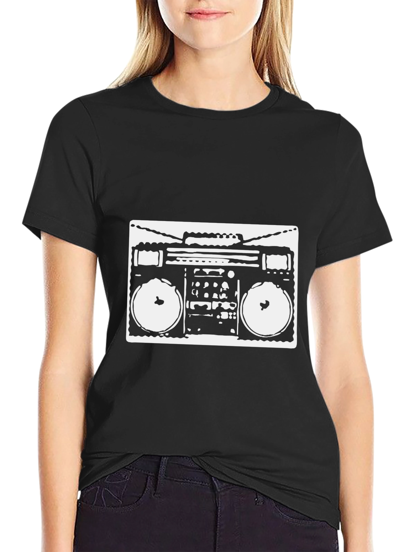 Retro Boombox Graphic Tee - Black Cotton T-Shirt