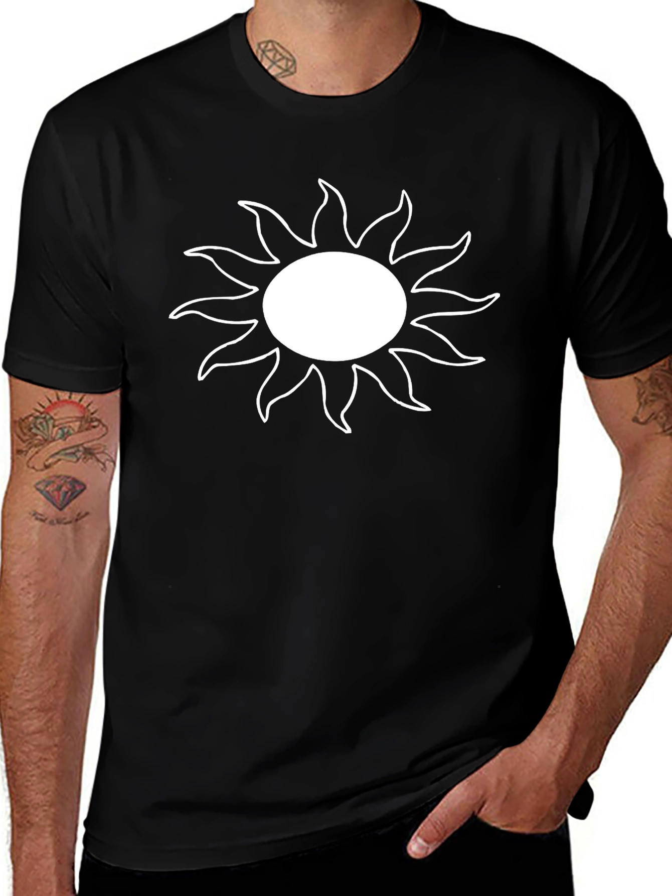 Black T-Shirt with White Sun Graphic