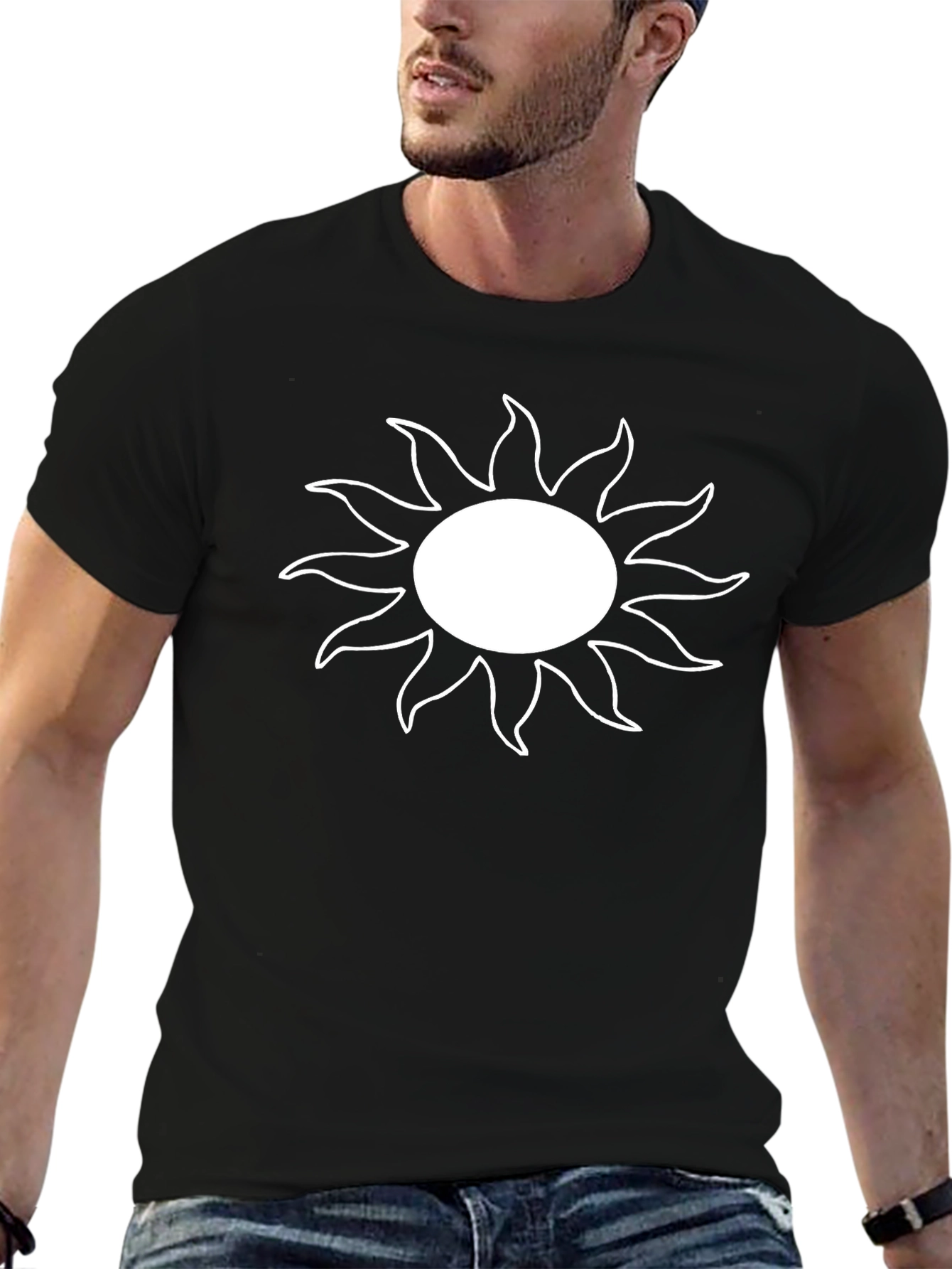 Black T-Shirt with White Sun Graphic