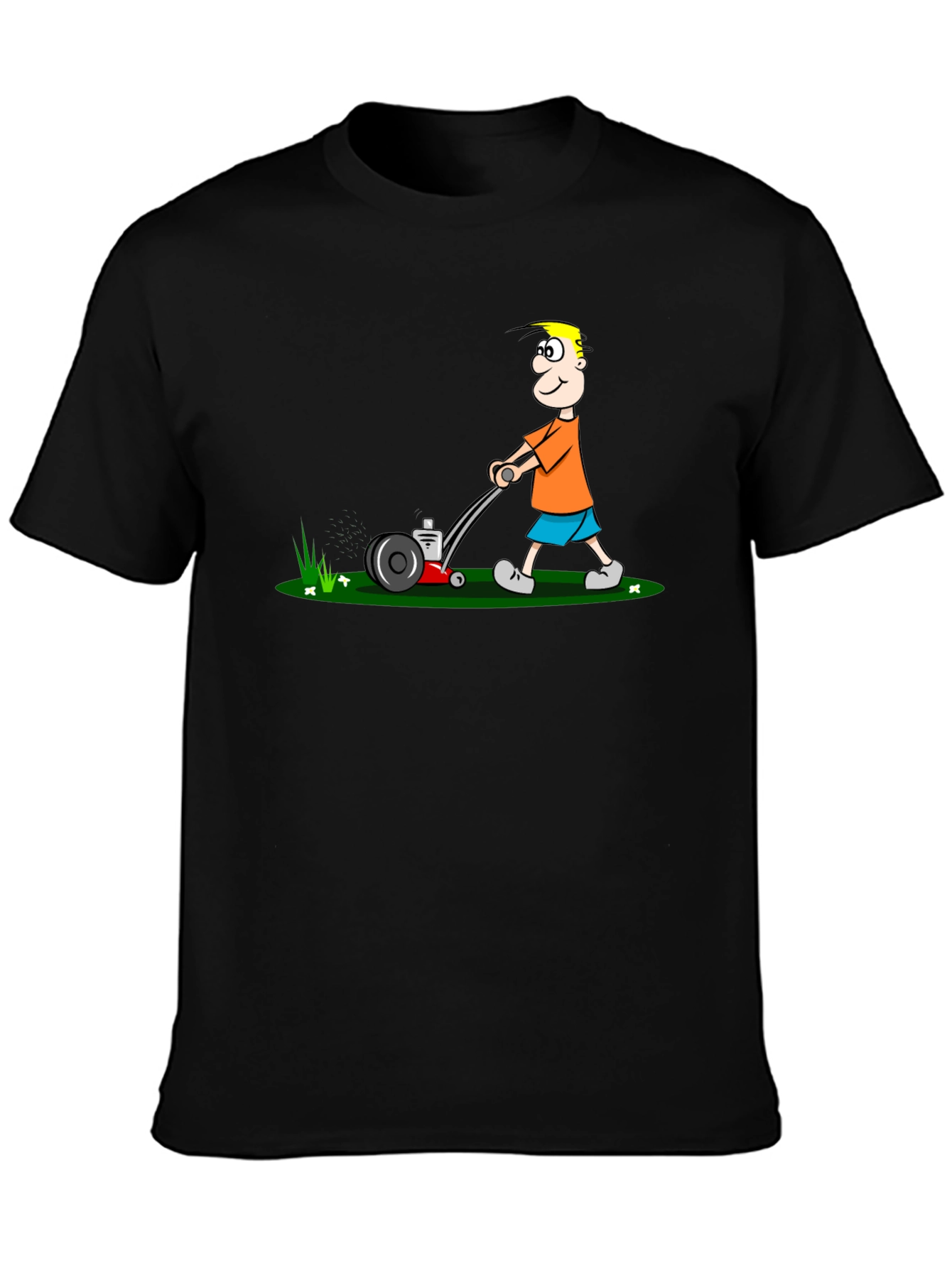 Cartoon Lawn Mower Tee - Black Cotton Graphic T-Shirt