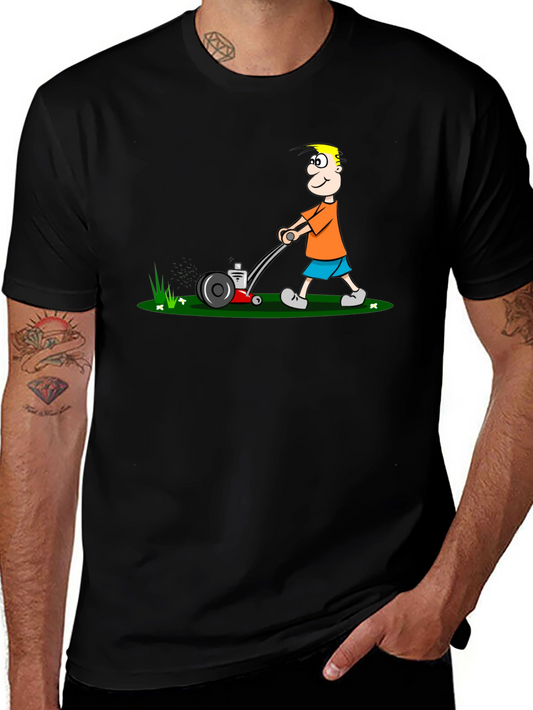 Cartoon Lawn Mower Tee - Black Cotton Graphic T-Shirt