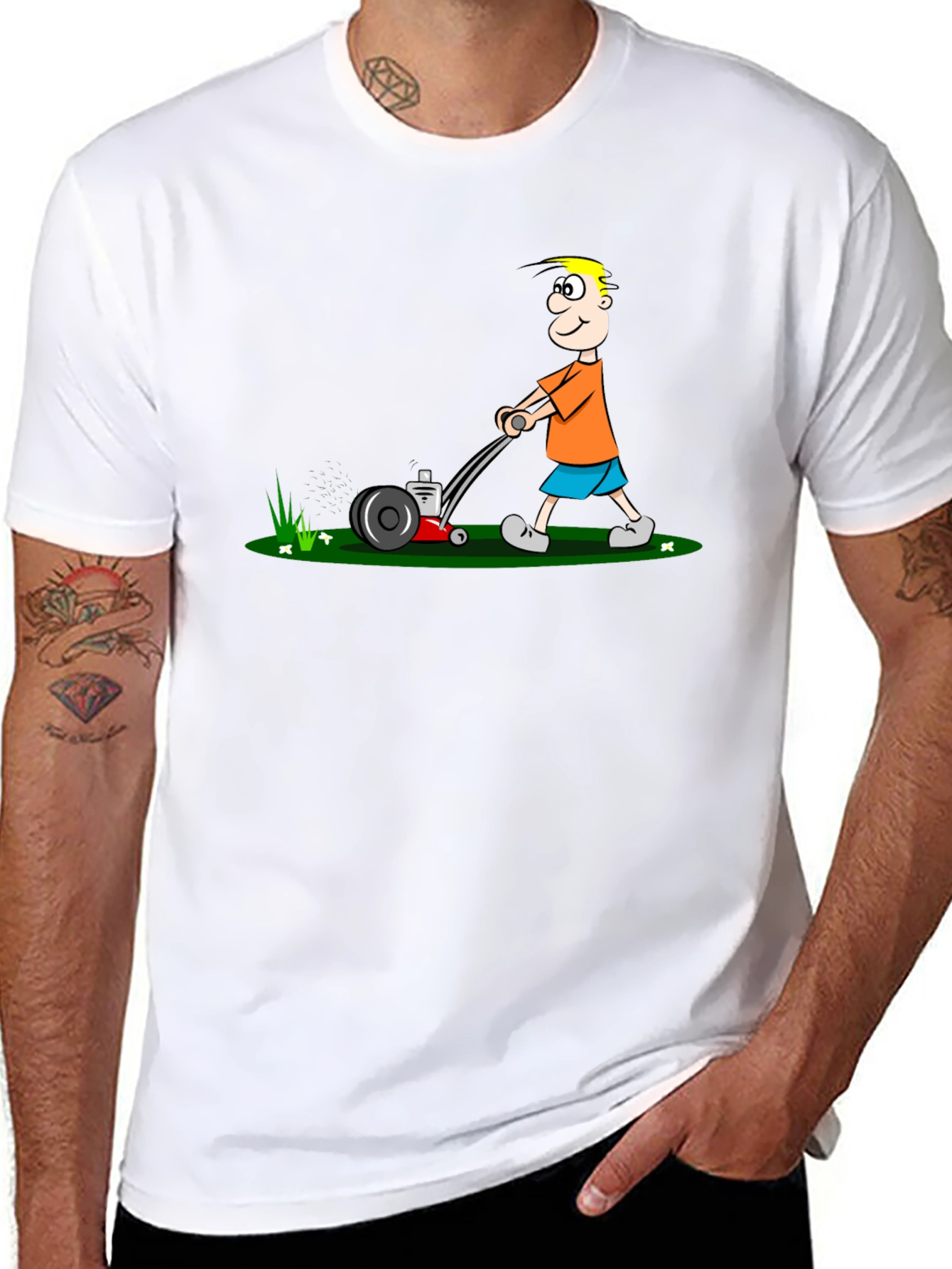 Cartoon Lawn Mower Tee - Black Cotton Graphic T-Shirt