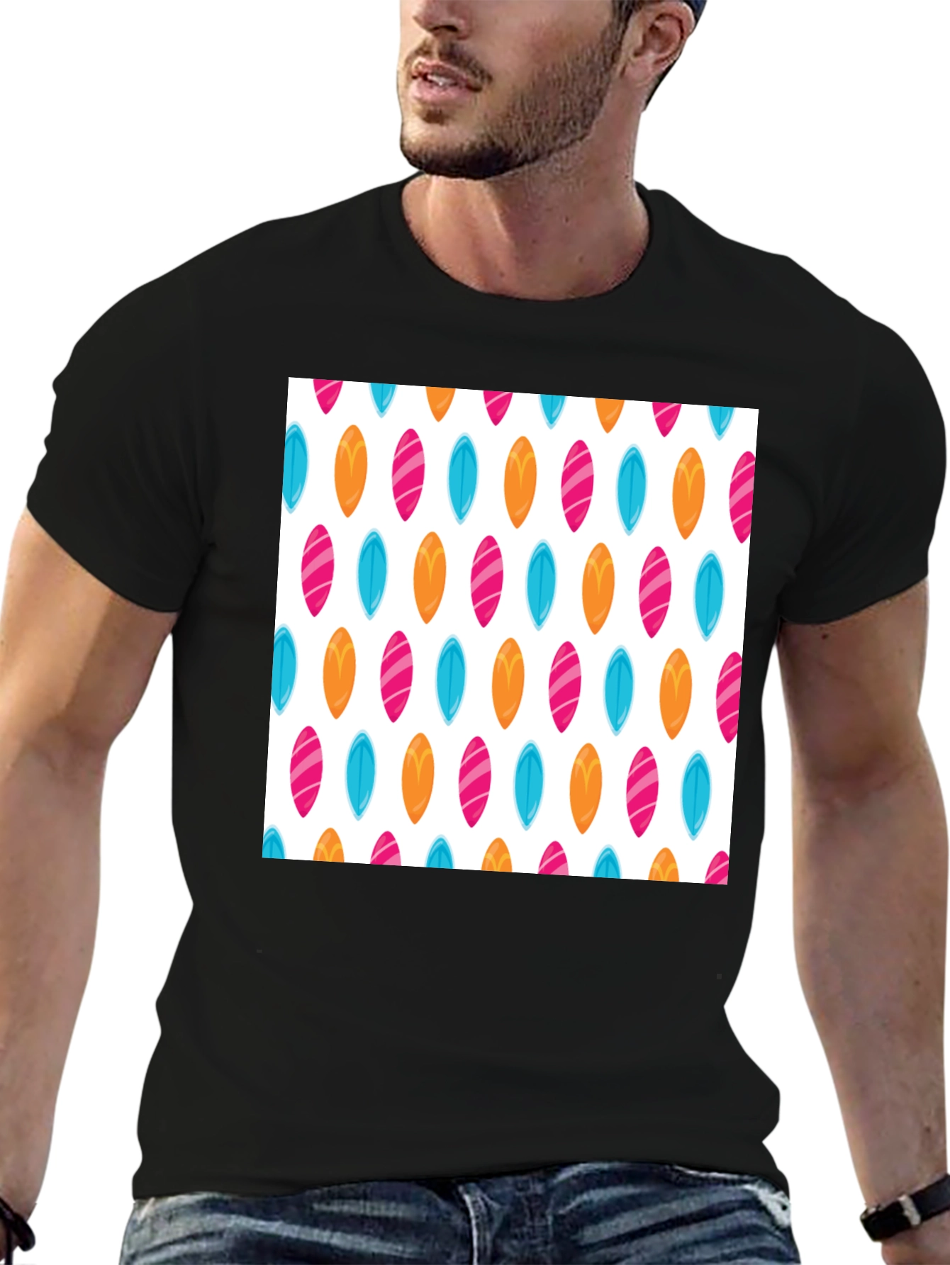 Surfboard Pattern Black T-Shirt