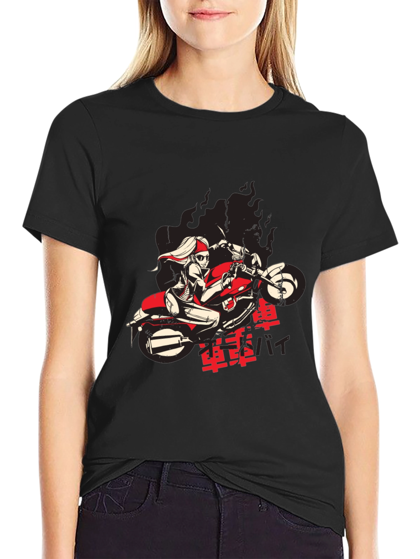 Cool Biker Girl Graphic Black T-Shirt
