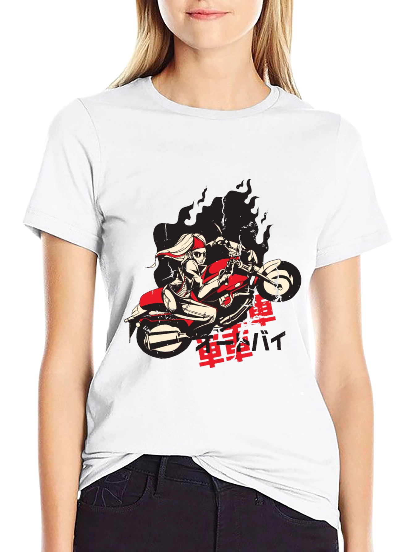 Cool Biker Girl Graphic Black T-Shirt