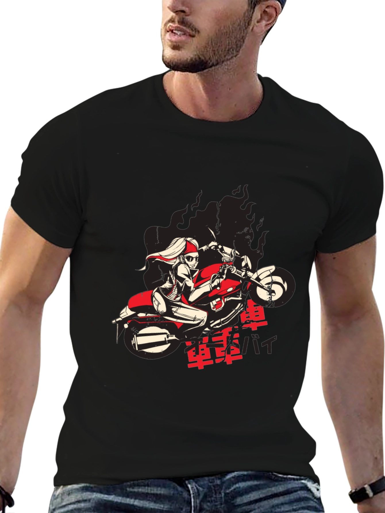 Cool Biker Girl Graphic Black T-Shirt