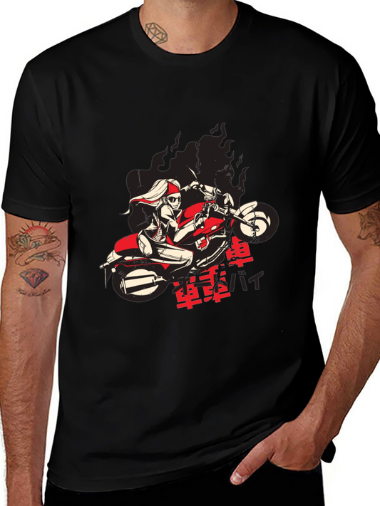 Cool Biker Girl Graphic Black T-Shirt
