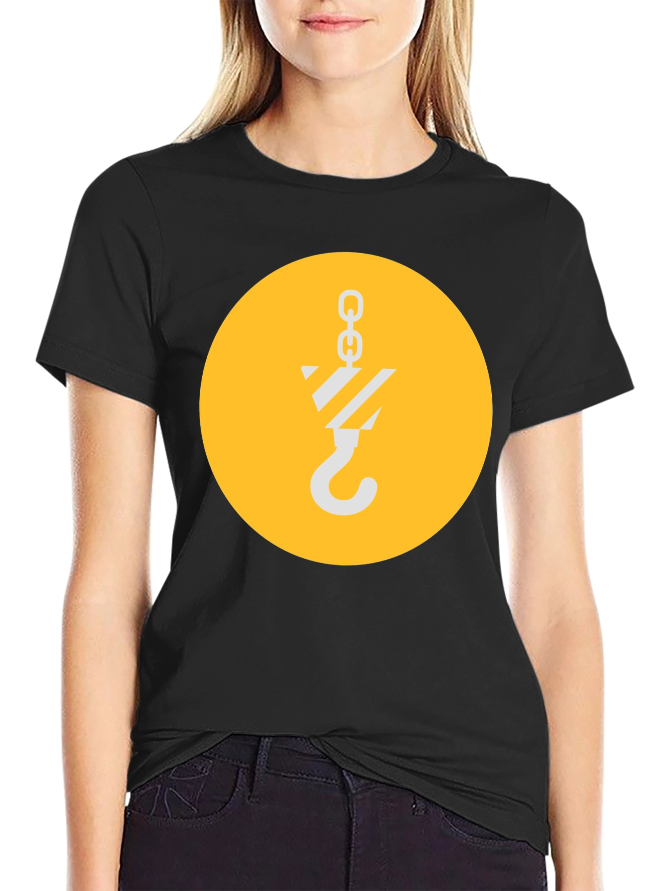 Black T-Shirt with Crane Hook Graphic