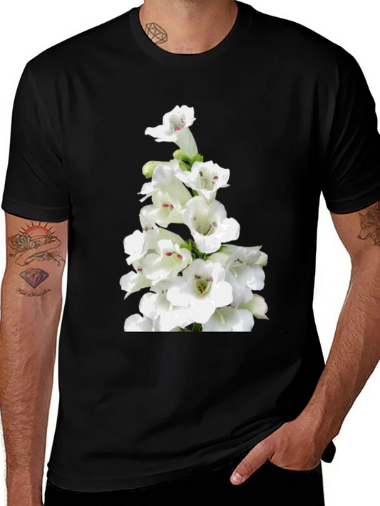 White Flower Print Black T-Shirt