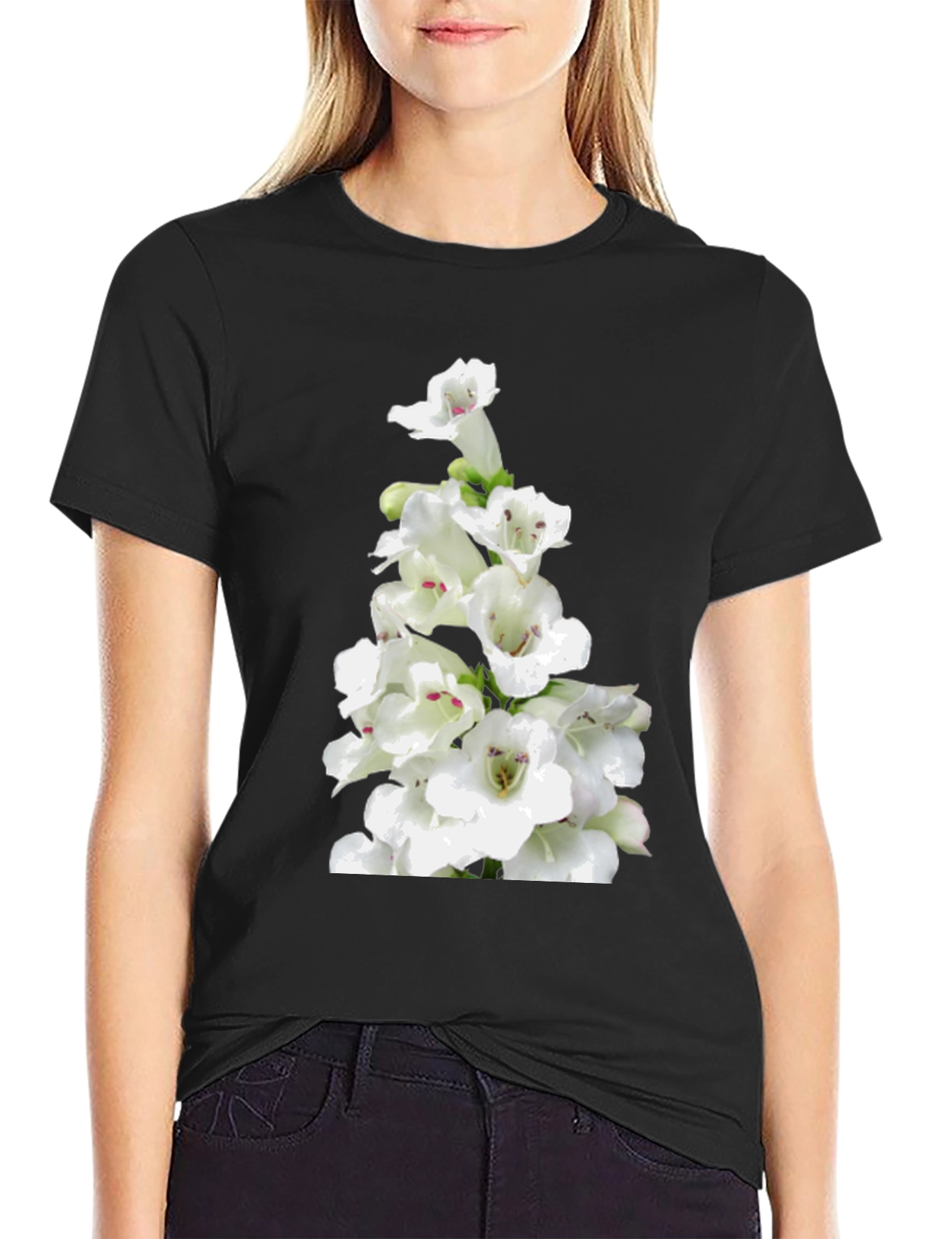 White Flower Print Black T-Shirt